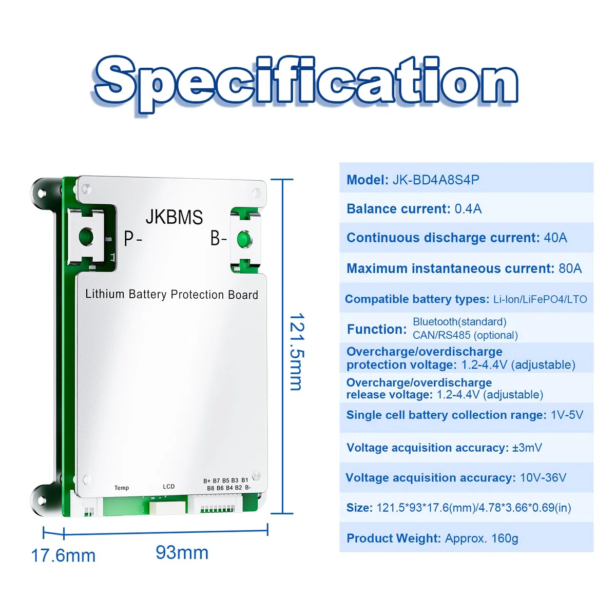 JKBMS Smart BMS 4S-8S 12V-24V 40A 0.4A Z Bluetooth Aktywne Balansowanie RS485 Płyta Ochronna do Akumulatorów Li-Ion LiFePO4 LTO (JK-BD4A8S4P)
