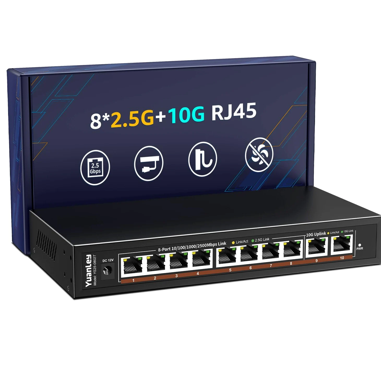 10-portowy przełącznik Ethernet 10G niezarządzany, 8 portów 2,5G Base-T, 2 porty RJ45 10Gb, kompatybilny z 100/1000/2500Mbps, metalowa obudowa bez wentylatora, przełącznik sieciowy YuanLey 2,5GbE do
