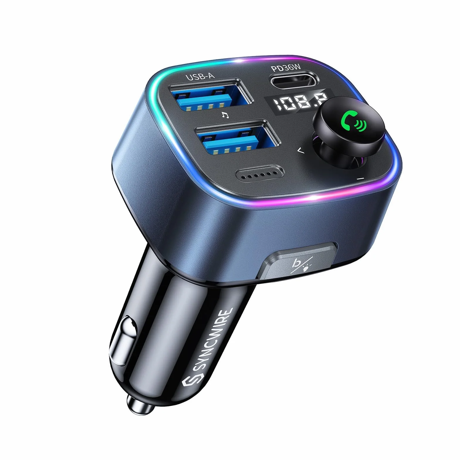 SYNCWIRE Nadajnik samochodowy Bluetooth 5.3 FM, 48 W(PD 36W i 12W) Ładowarka USB Adapter samochodowy Bezprzewodowy odbiornik radiowy, wyświetlacz LED, zestaw głośnomówiący, obsługa napędu USB 64 GB,