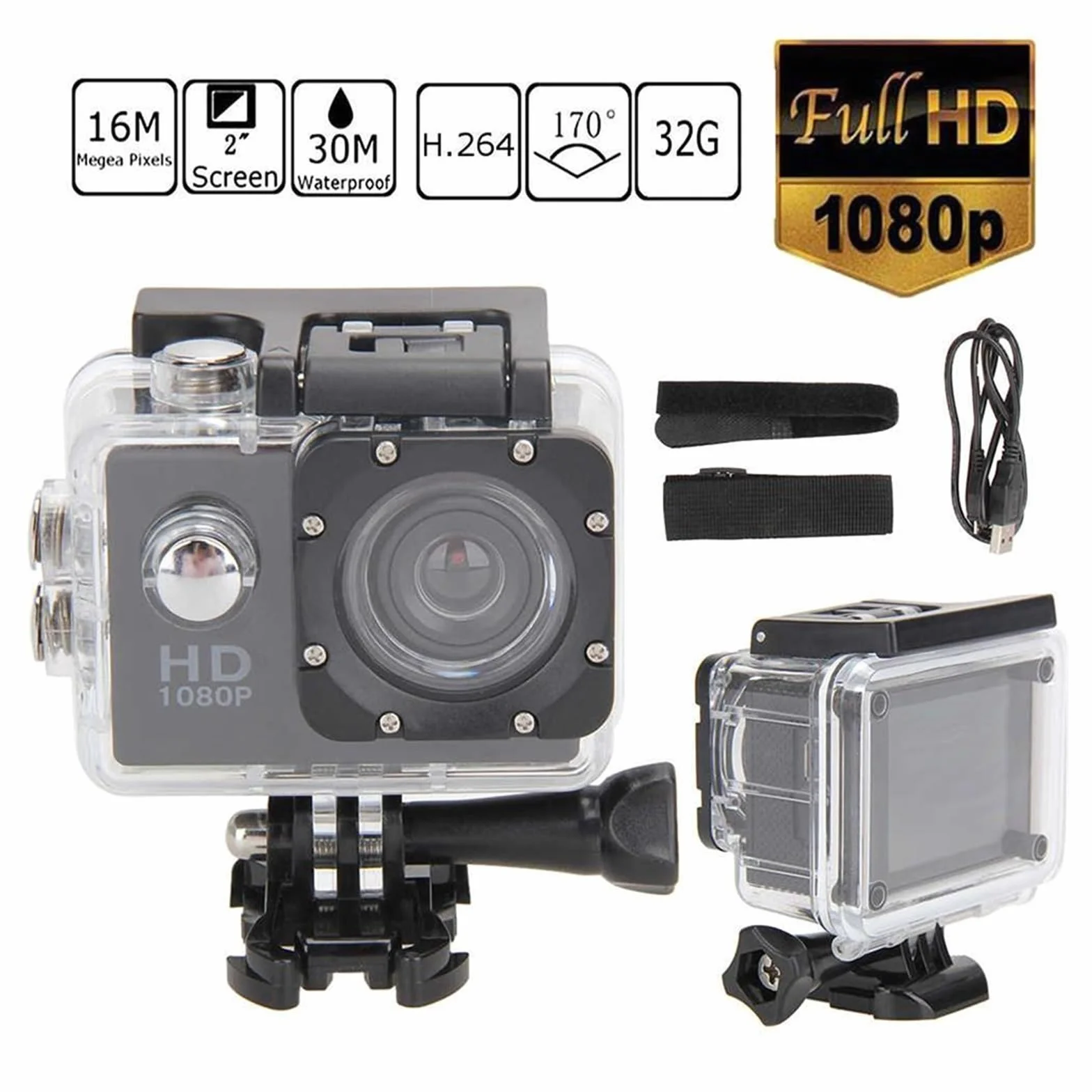 Mini HD 1080P wodoodporna kamera sportowa 2.0 Cal 32G Outdoor Motion Sking DV do akcji wideo kask rowerowa cyfrowa Bezproblemowa PrzenośNość(Cam add8gb card,Black)