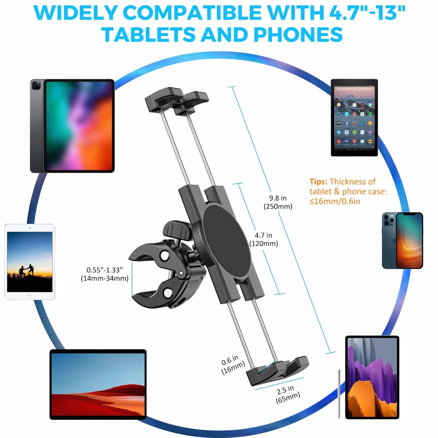 KDD Uchwyt na Tablet, Uchwyt na Ipada, Uchwyt na Telefon, Uchwyt na Kierownicę Roweru Stacjonarnego, Bieżnia, Stojak na Mikrofon, Pasuje do Ipada Pro 12.9, Galaxy Tabs, iPhone (4,7-13")