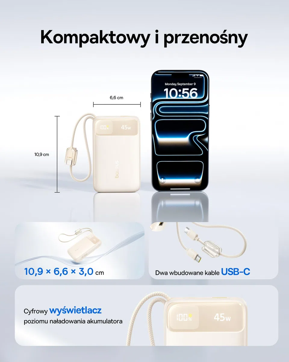 Baseus FC11 Power Bank 45 W 20000 mAh przenośna ładowarka z podwójnym wbudowanym kablem, mały powerbank CCC z inteligentnym wyświetlaczem, zwijany kabel, akumulator do iPhone'a 17/16, iPada, laptopa