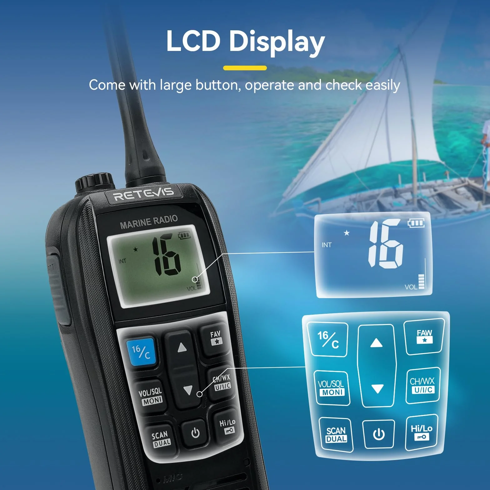Retevis RM22 VHF Marine Walkie Talkie, Wodoodporne Walkie-Talkie IP67, Pływające, 2200 mAh, 900 mW Audio, Dwukierunkowe Radio Morskie Dalekiego Zasięgu do Kajakarstwa, Wędkarstwa, (Czarny, 1 Szt)