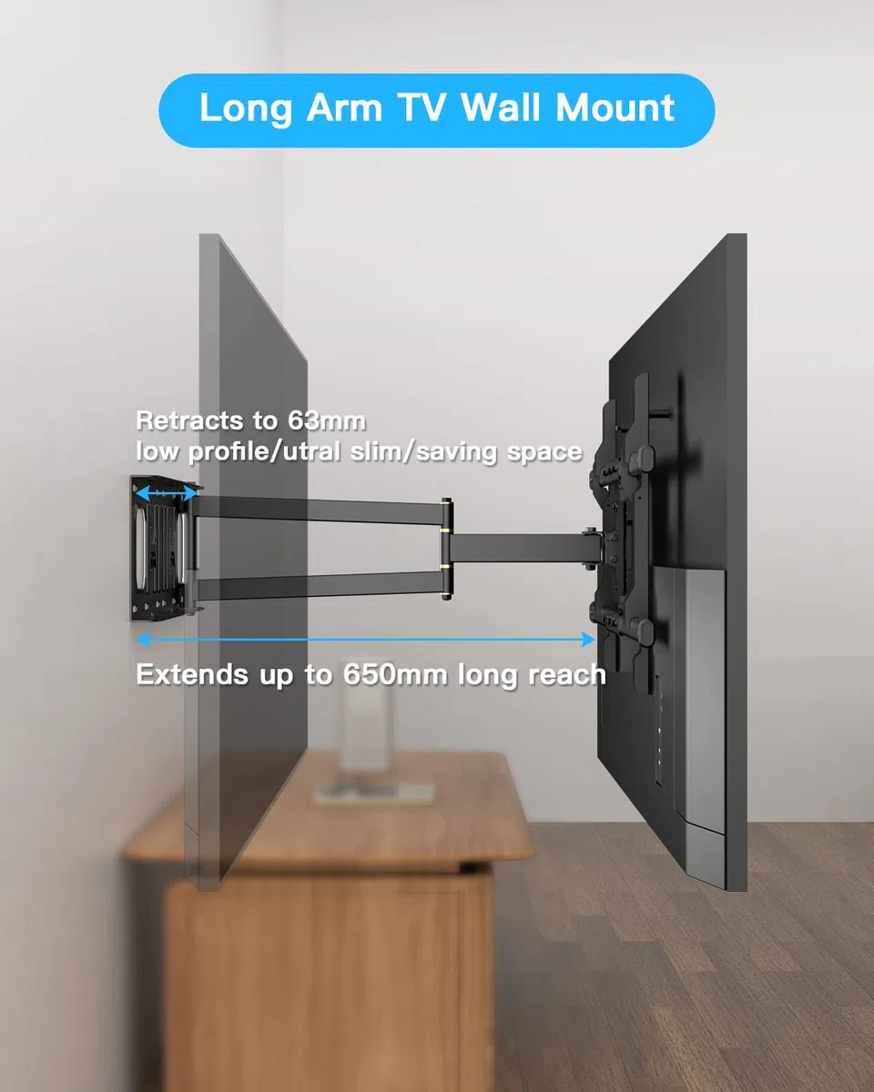 Uchwyt ścienny do telewizora WHYFONE Long Reach, uchwyt ścienny do telewizora z gładkim przedłużeniem 650 mm, obrotowy, pochylony narożny uchwyt ścienny do telewizorów płaskich i zakrzywionych 32-70