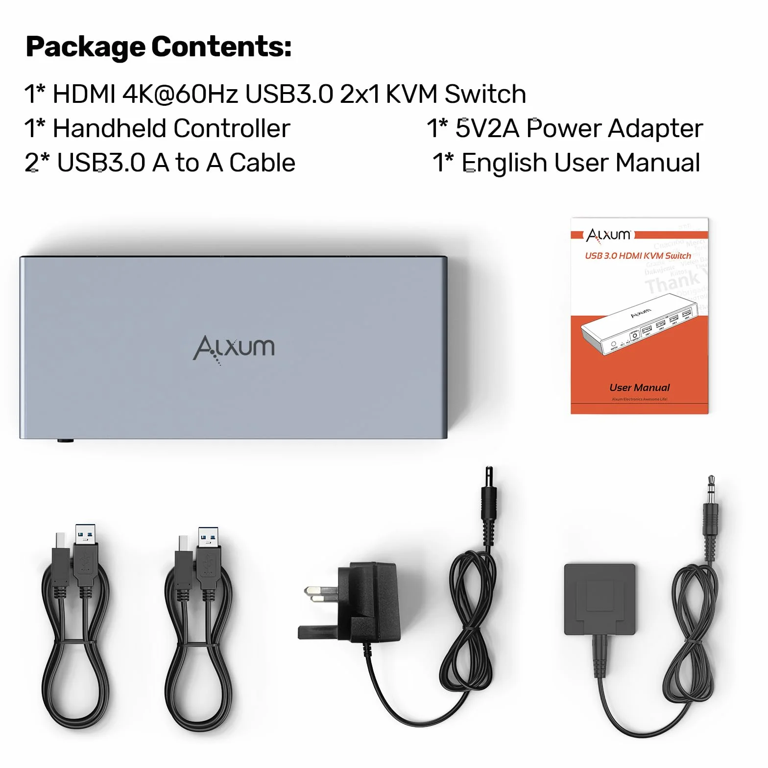 Alxum Przełącznik KVM HDMI 2 komputery 1 monitor 4K 60 Hz 4 USB A 5 Gb/s kontroler biurkowy 2 kable USB 3.0