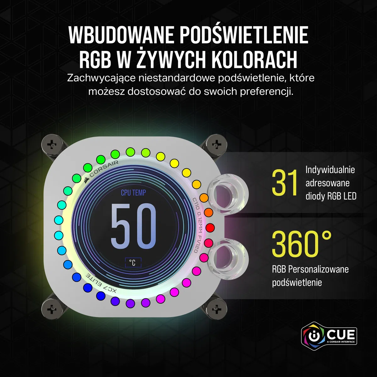 CORSAIR XC7 RGB ELITE LCD Blok Wodny do Procesora - 480x480 Ekran LCD IPS - 31 RGB LEDs - USB-C - Pasuje do Gniazd Intel® LGA 1700, AMD® AM5 i Starszych - Biały