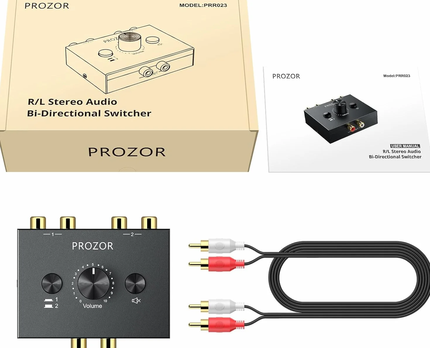 PROZOR Przełącznik audio stereo RCA 2 (1)-w-1(2)-wyjście dwukierunkowy przełącznik audio stereo R/L z przyciskiem wyciszenia i nie wymaga zasilania zewnętrznego