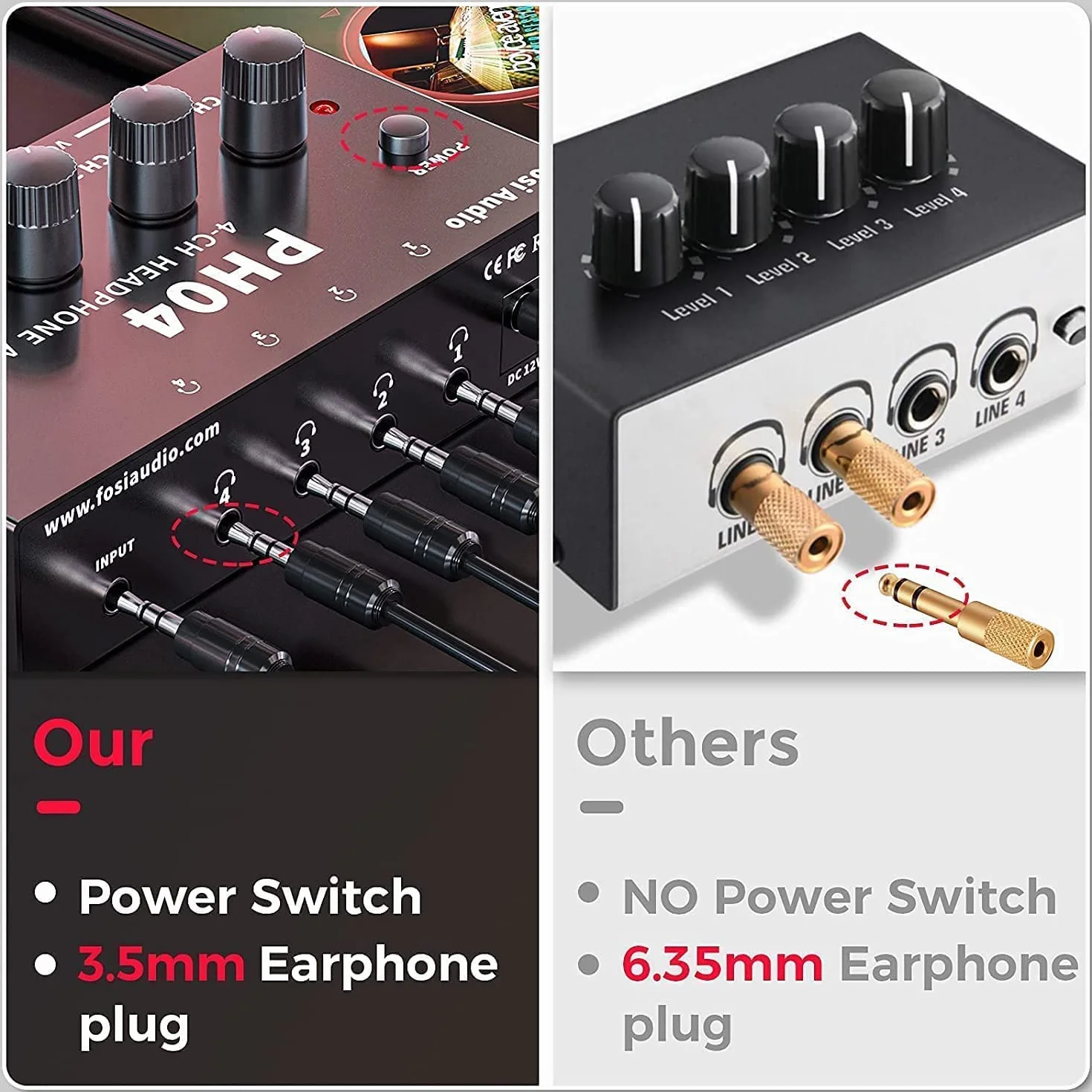 Fosi Audio PH04 4-kanałowy wzmacniacz słuchawkowy Metalowy wzmacniacz audio stereo z zasilaczem 12 V 1,5 A, ultrakompaktowy przenośny rozdzielacz słuchawek do studia i na scenę