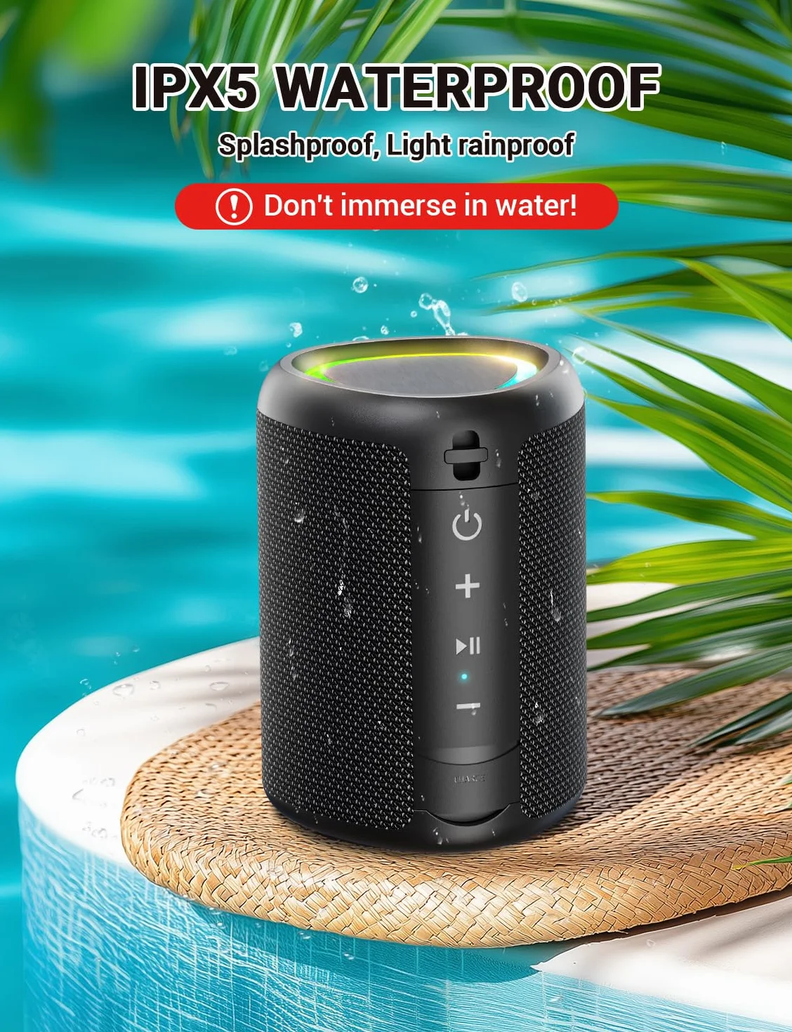 UOHHBOE Przenośny głośnik 15W Bluetooth bezprzewodowy BT5, 3 mocne głośniki z oświetleniem TWS 2500mAh 30m Odległość IPX5 AUX TF Card Wieczory Imprezy Plener Podróże