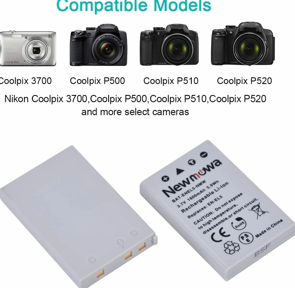Newmowa EN-EL5 Zamienna Bateria (2 sztuki) i Zestaw Podwójnej Ładowarki USB do Nikon Coolpix P530, P520, P510, P500, P100, P90, P80, P6000, P5000, P5100, 7900, 5900, 5200, 4200, 3700, S10, P4, P3