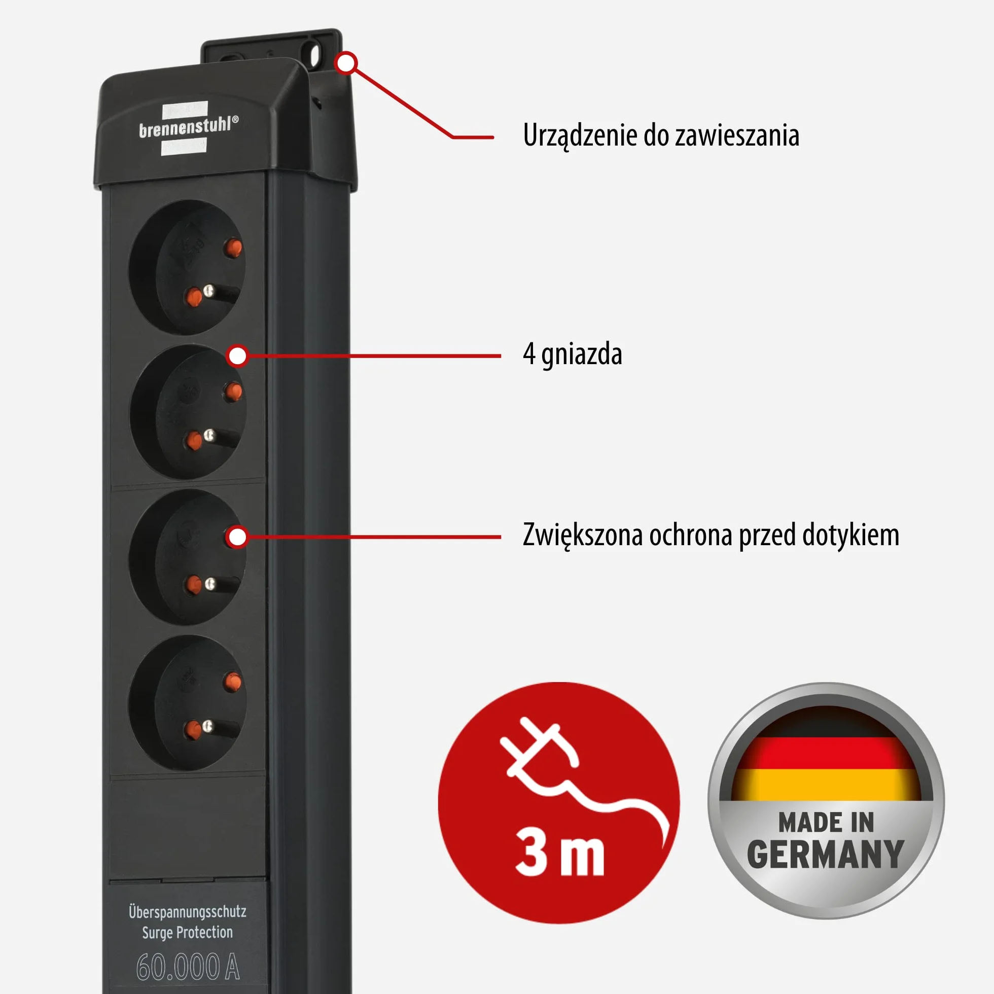 Brennenstuhl Premium-Line listwa przepieciowa z 4 gniazdami / listwa antyprzepieciowa a z ochrona przepieciowa do 60.000 A (listwa zasilajaca kabel 3 m z wylacznikiem, Made in Germany) czarna