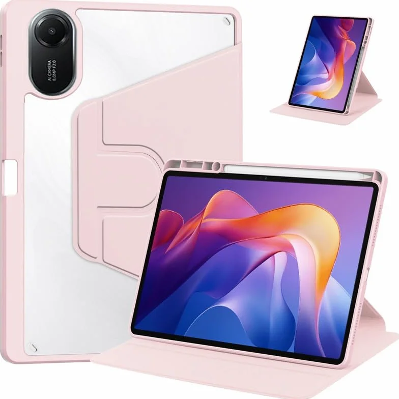 360° Rotation PU Leather Tablet Case Suitable For Lenovo Yoga Tab 2025 11.1" TB-710FU Acrylic Hard Cover With Pen Holder(Pink)