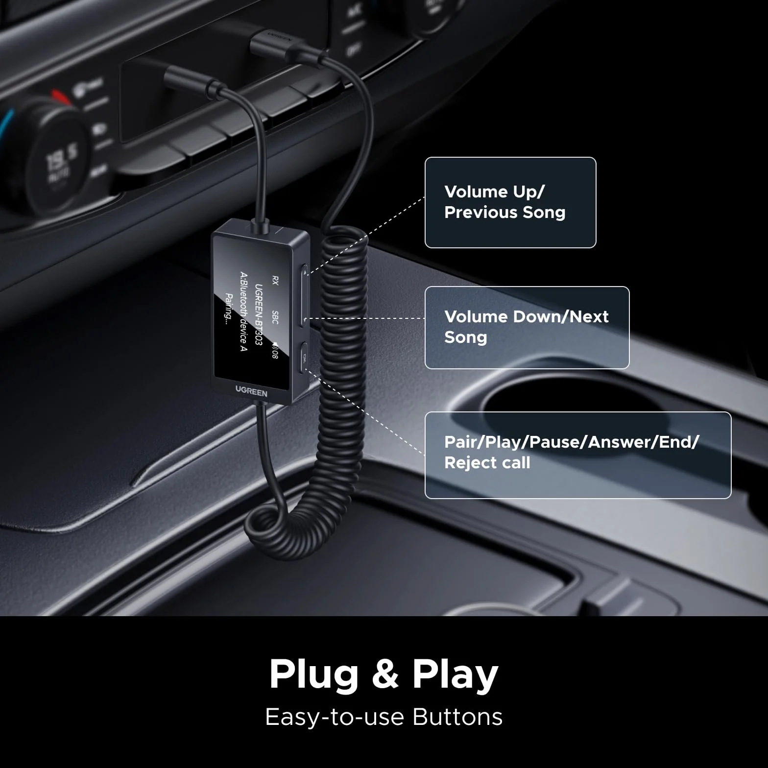 UGREEN Aux Bluetooth Adapter do samochodu 2w1 Jack Bluetooth Adapter z wyświetlaczem LED Odbiornik nadajnika Bluetooth do 2słuchawek, stereo, TV Odbiornik nadajnika Bluetooth do telefonu komórkowego