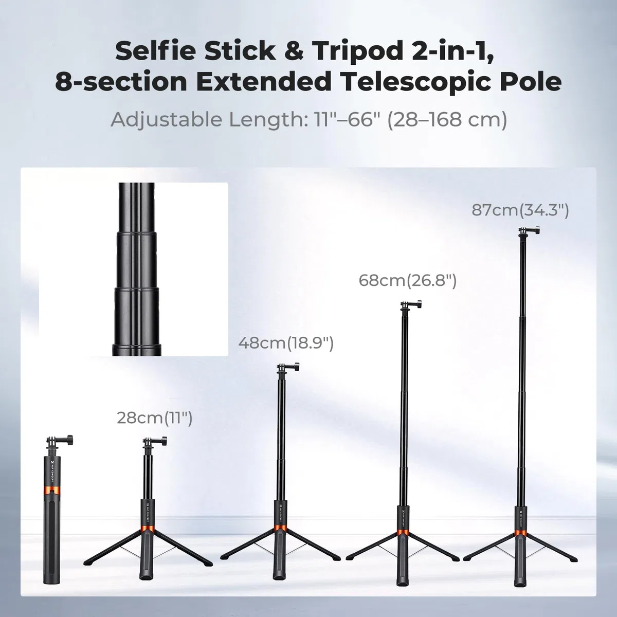 K&F CONCEPT Kijek do selfie 168 cm, statyw 2 w 1 ze śrubą 1/4"
