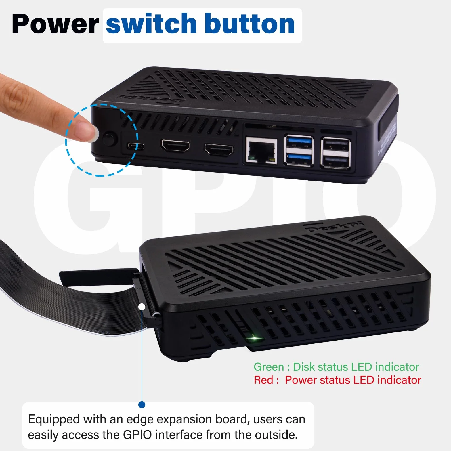 GeeekPi DeskPi Lite Pi5 Obudowa z przyciskiem zasilania, PCIe na M.2 HAT, aktywnym chłodzeniem i podwójnym HDMI w pełnym rozmiarze dla Raspberry Pi 5, obsługuje dyski M.2 NVMe M-Key 2230/2242/2260