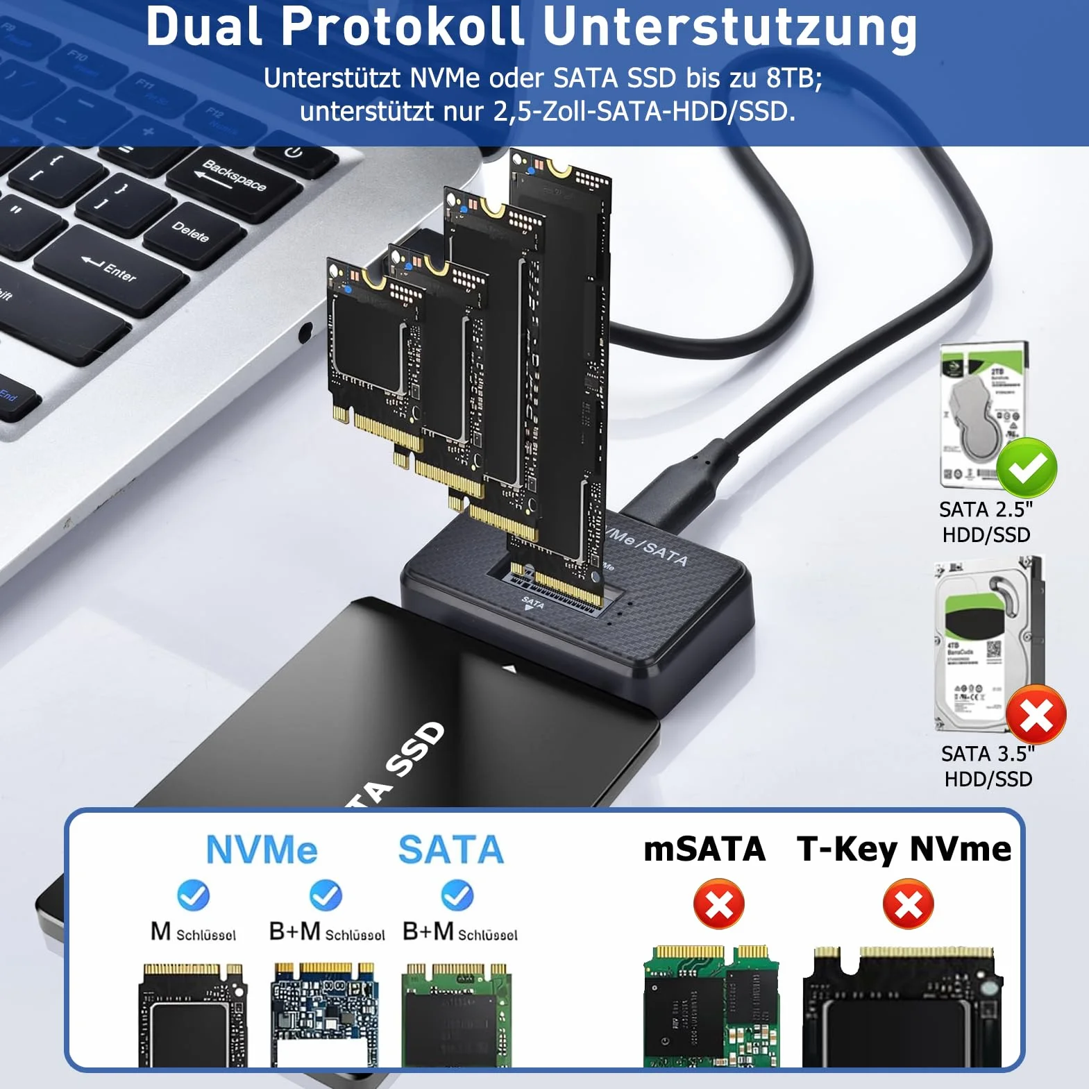 Stacja dokująca M.2 NVMe SATA USB 3.2 Gen2 10 Gbps do 2,5" HDD/SSD 2230 2242 2260
