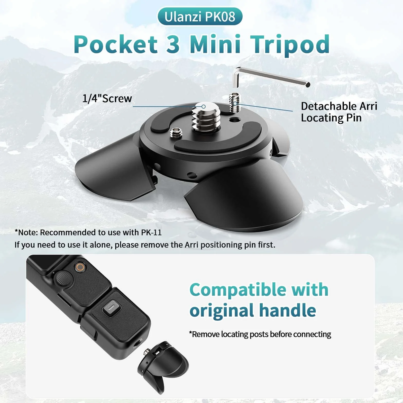 ULANZI Zestaw mini statywu z szybkim uwalnianiem do DJI Osmo Pocket 3, w pełni funkcjonalny port typu C, podstawa adaptera ładującego do Pocket 3 akcesoria z otworem na śrubę 1/4 do statywów (PK-08 i
