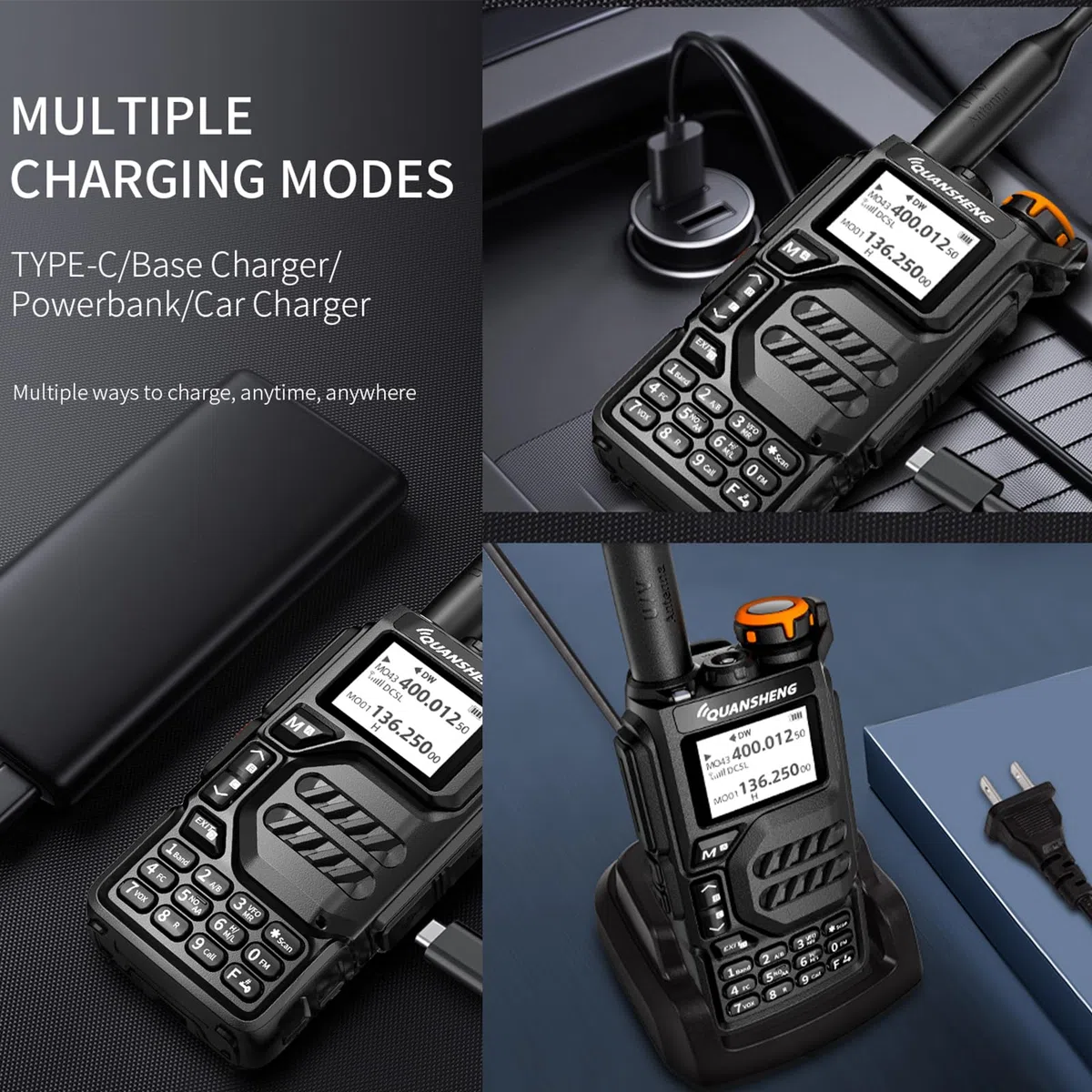 QUANSHENG UV-K5 Walkie Talkie dalekiego zasięgu ze słuchawkami i kablem do programowania VHF UHF 200 kanałów, przenośne radio ładowalne, profesjonalne AM/FM/DTMF, VOX, częstotliwość kopiowania, pogoda