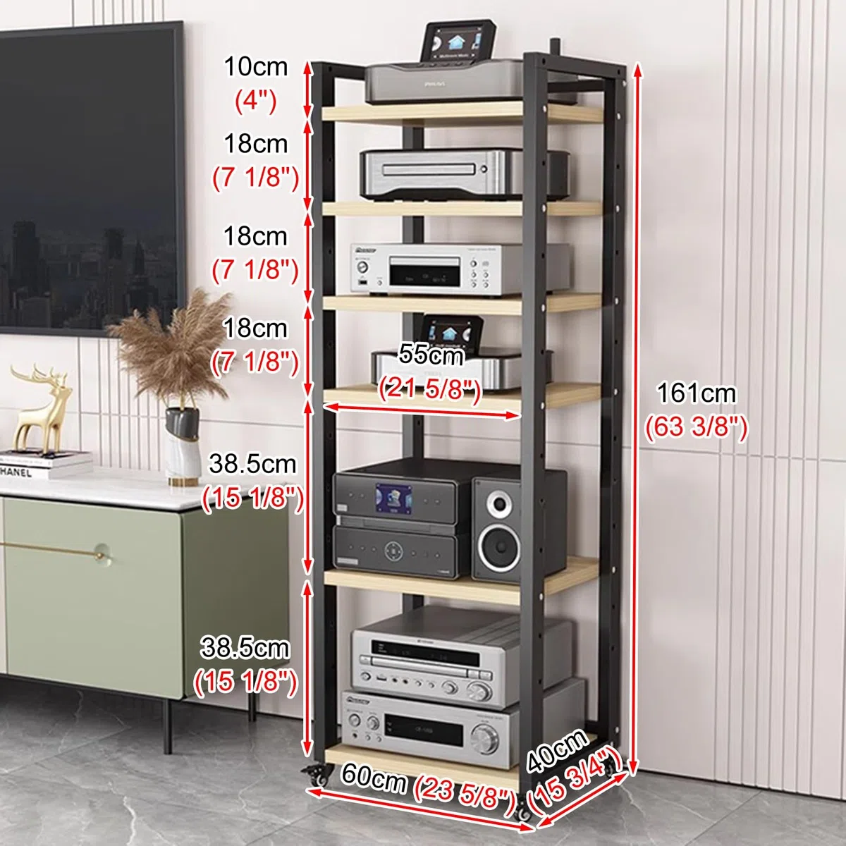 Szafka na sprzęt audio, Stojak na sprzęt stereo AV z kółkami, regulowana wysokość, narożny, komponent wideo, półka do przechowywania DVD