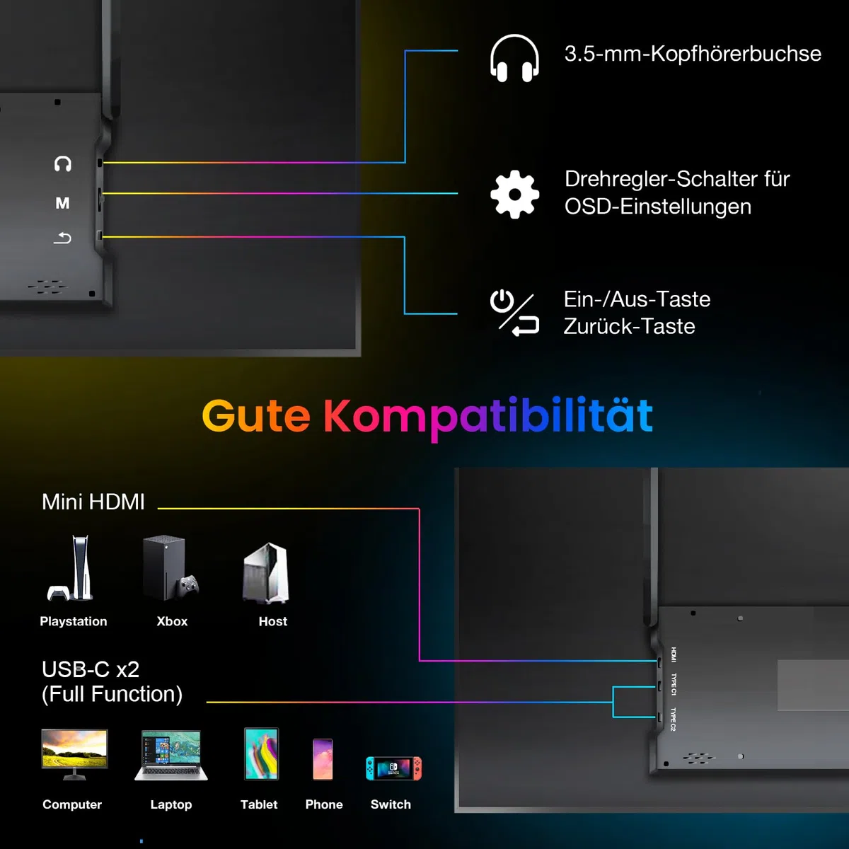 Przenośny monitor 18,5" 100% sRGB, ekran przenośny 1080p | Rozszerzenie ekranu laptopa z wbudowanym głośnikiem USB-C HDMI do komputera, telefonu komórkowego, Xbox, PS 3/4/5 i TV