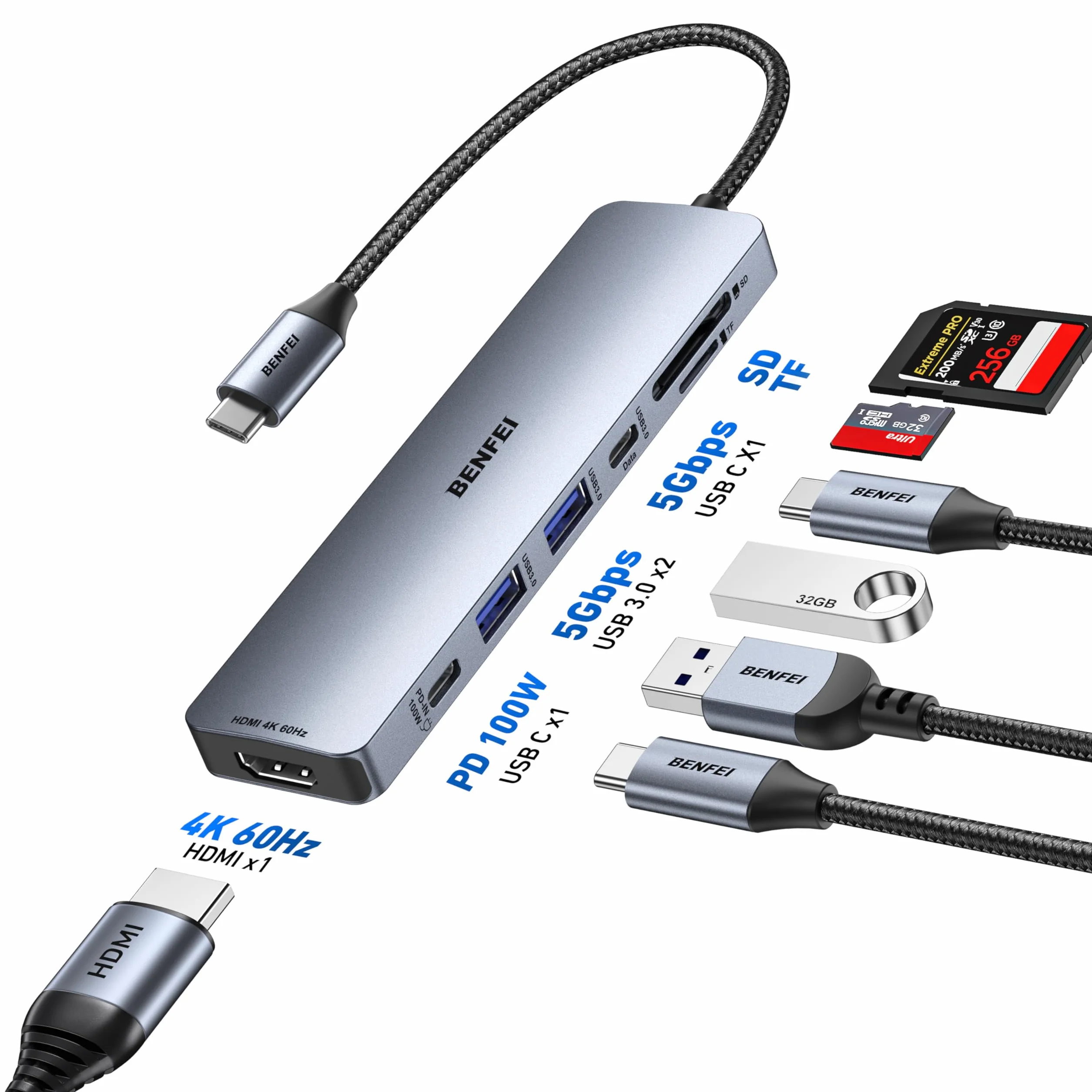 BENFEI Hub USB C 7w1 z HDMI (4K@60Hz), 2 USB-A, 1 USB-C do transmisji danych, ładowanie 100W, czytnik kart SD/TF, silikonowy kabel nieplączący się kompatybilny z MacBookiem Pro/Air, iPadem Pro, iMacem
