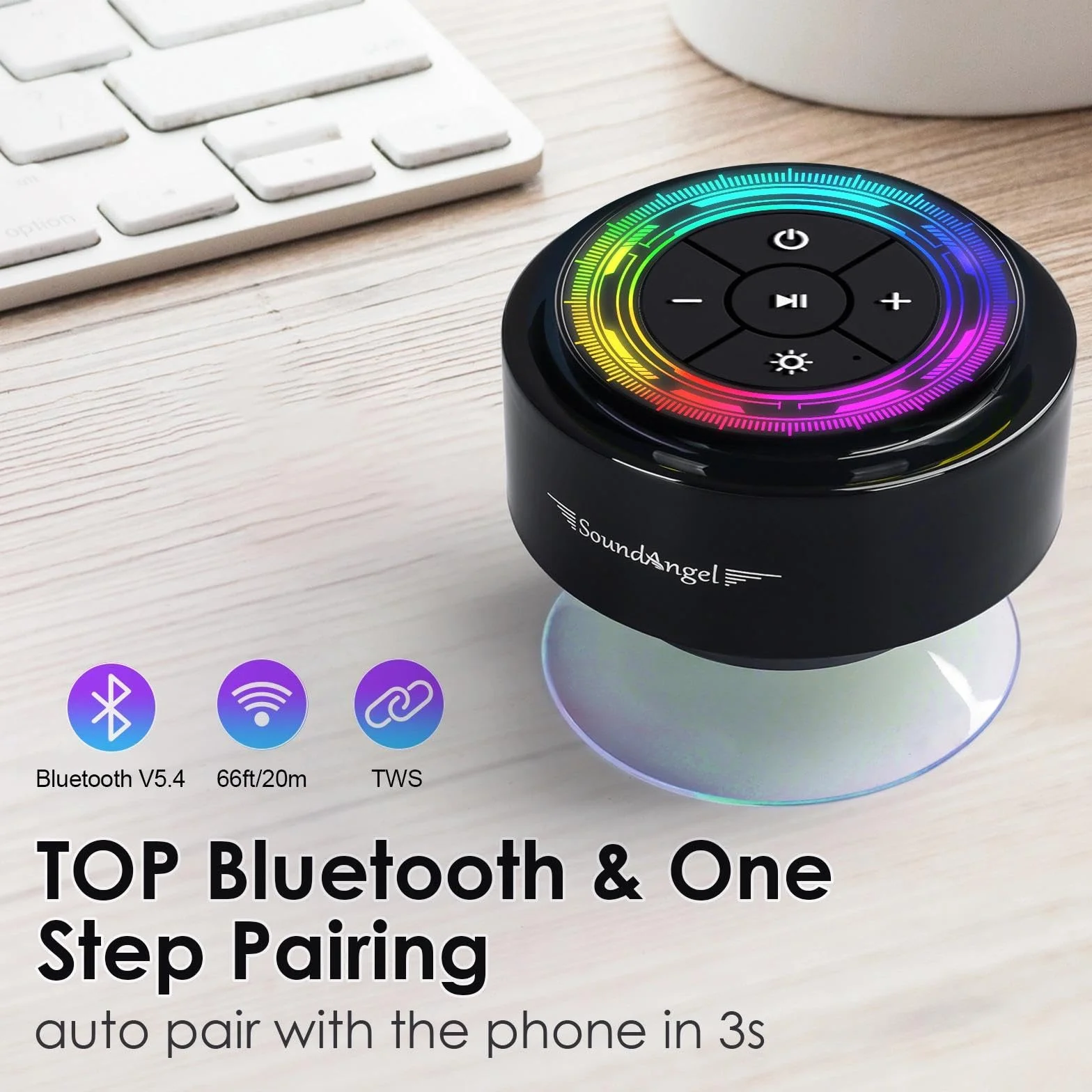 XLEADER, SoundAngel Mate Pro głośnik prysznicowy (ulepszony) certyfikowany wodoodporny głośnik Bluetooth IPX7, Big Pro Sound i głęboki bas, ze światłami RGB, przyssawką, silikonową smyczą, czas