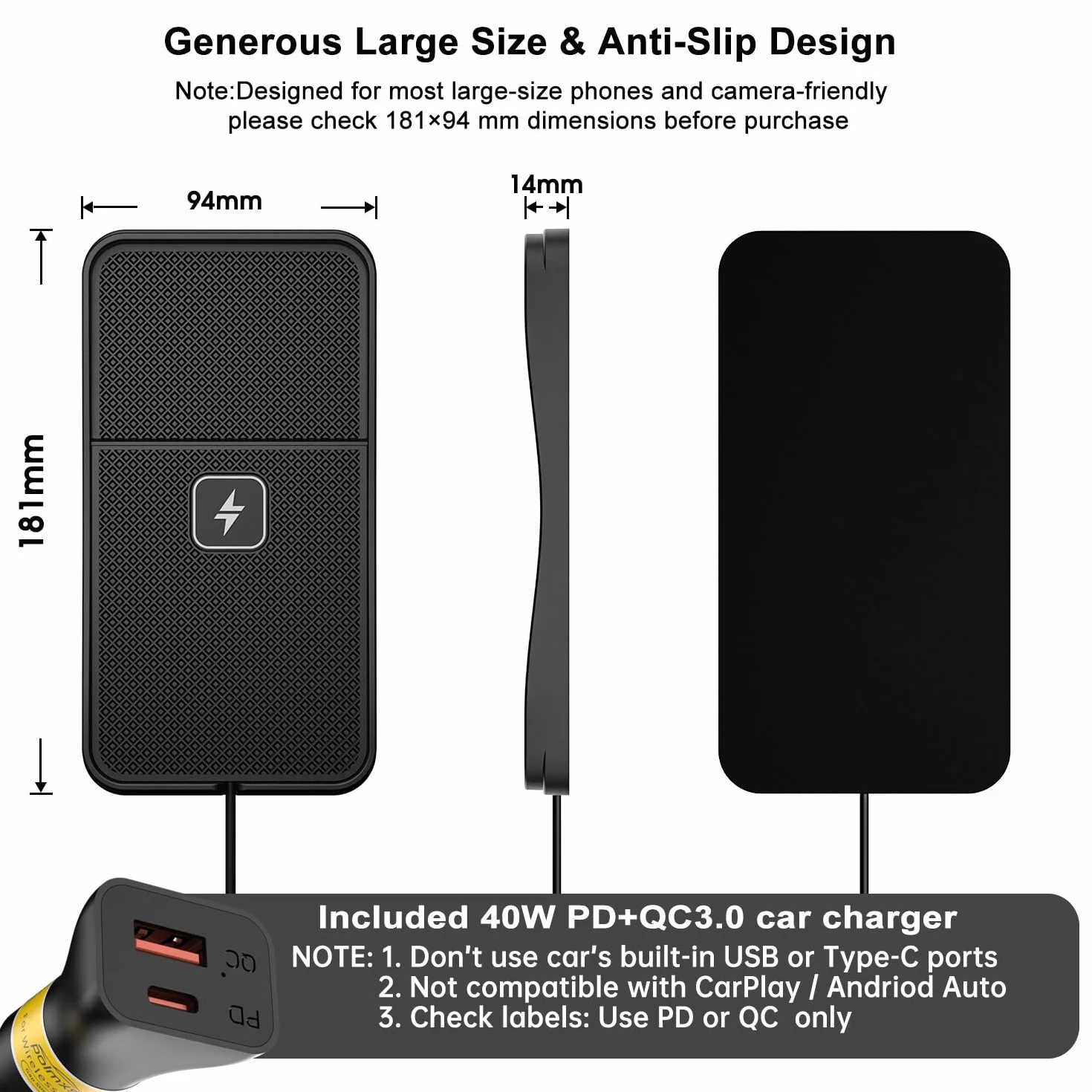 Polmxs Bezprzewodowa Ładowarka Samochodowa 15 W, Antypoślizgowa Mata Ładująca z Kablem 30 cm i Przedłużeniem 70 cm, Kompatybilna z iPhone 16/15/14/13/12/11
