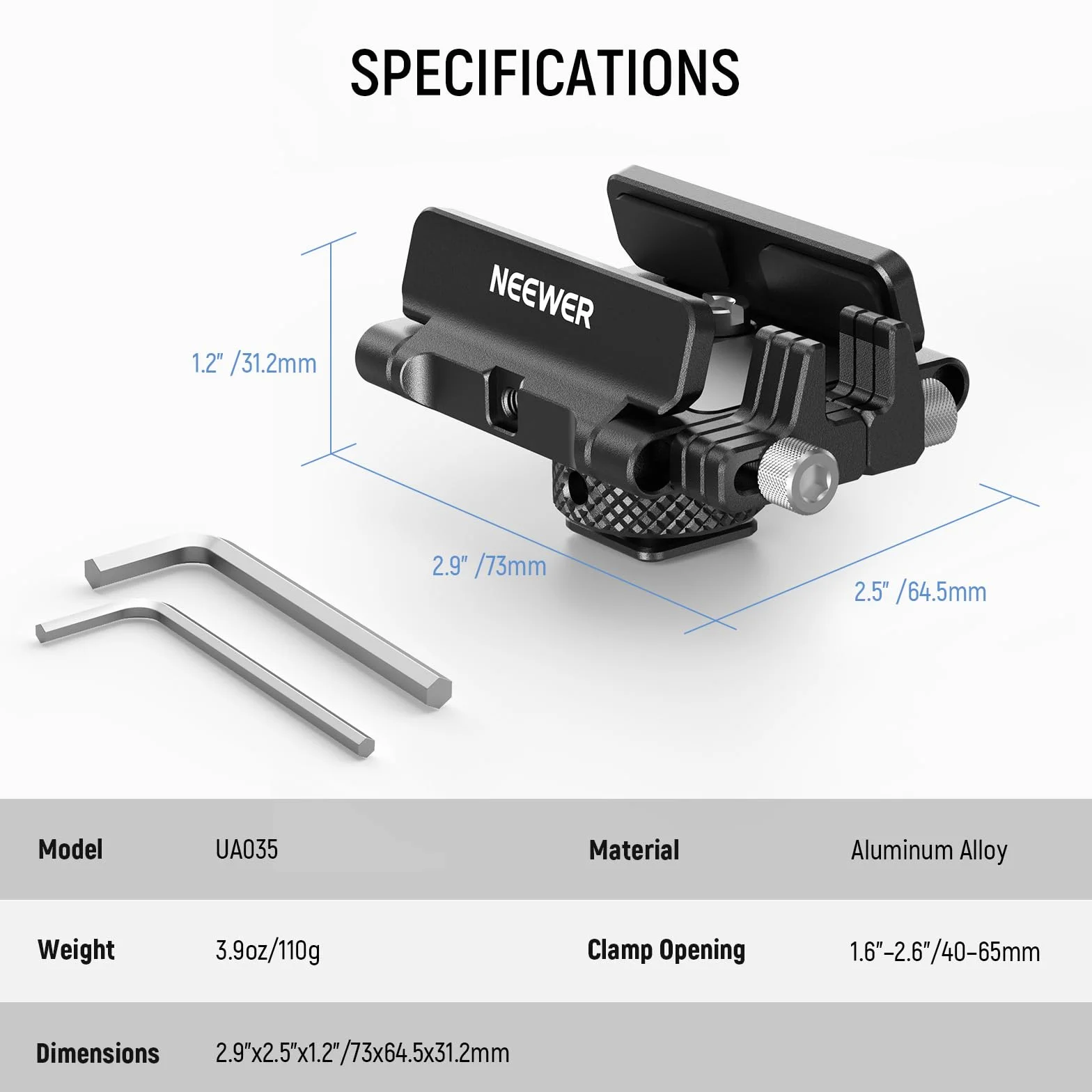 NEEWER Uchwyt montażowy SSD z zaciskiem na zimną stopkę, 4.1 cm-6.6 cm do Samsung T5 T7 SSD SanDisk kompatybilny z klatką SmallRig do BMPCC 4K 6K kompatybilny z klatką 16 15 Pro, UA035