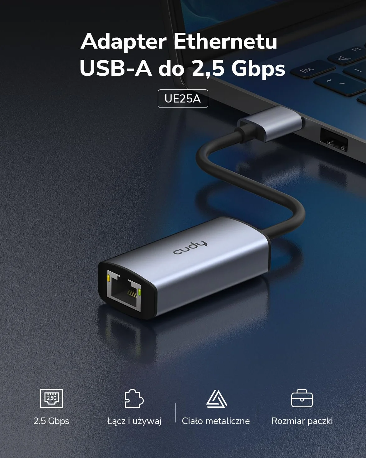 Cudy Adapter Ethernet USB-A na 2,5 Gb/s, adapter sieciowy USB 3.0, aluminiowy adapter internetowy RJ45 LAN bez sterowników, kompatybilny z Switch, MacBookiem, TV Box, XPS, Steam Dec, UE25A