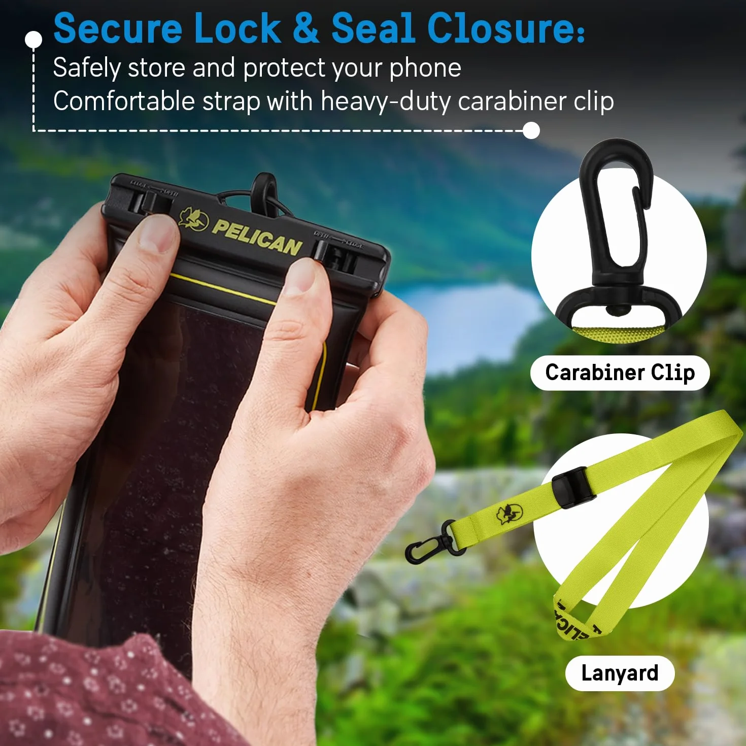 Pelican Marine - Wodoodporne etui na telefon IP68 (rozmiar regularny) - pływające wodoodporne etui na telefon iPhone 14 Pro Max/ 13 Pro Max/ 12 Pro Max/ 11/ S22 Ultra - Odpinana smycz - czarny/żółty