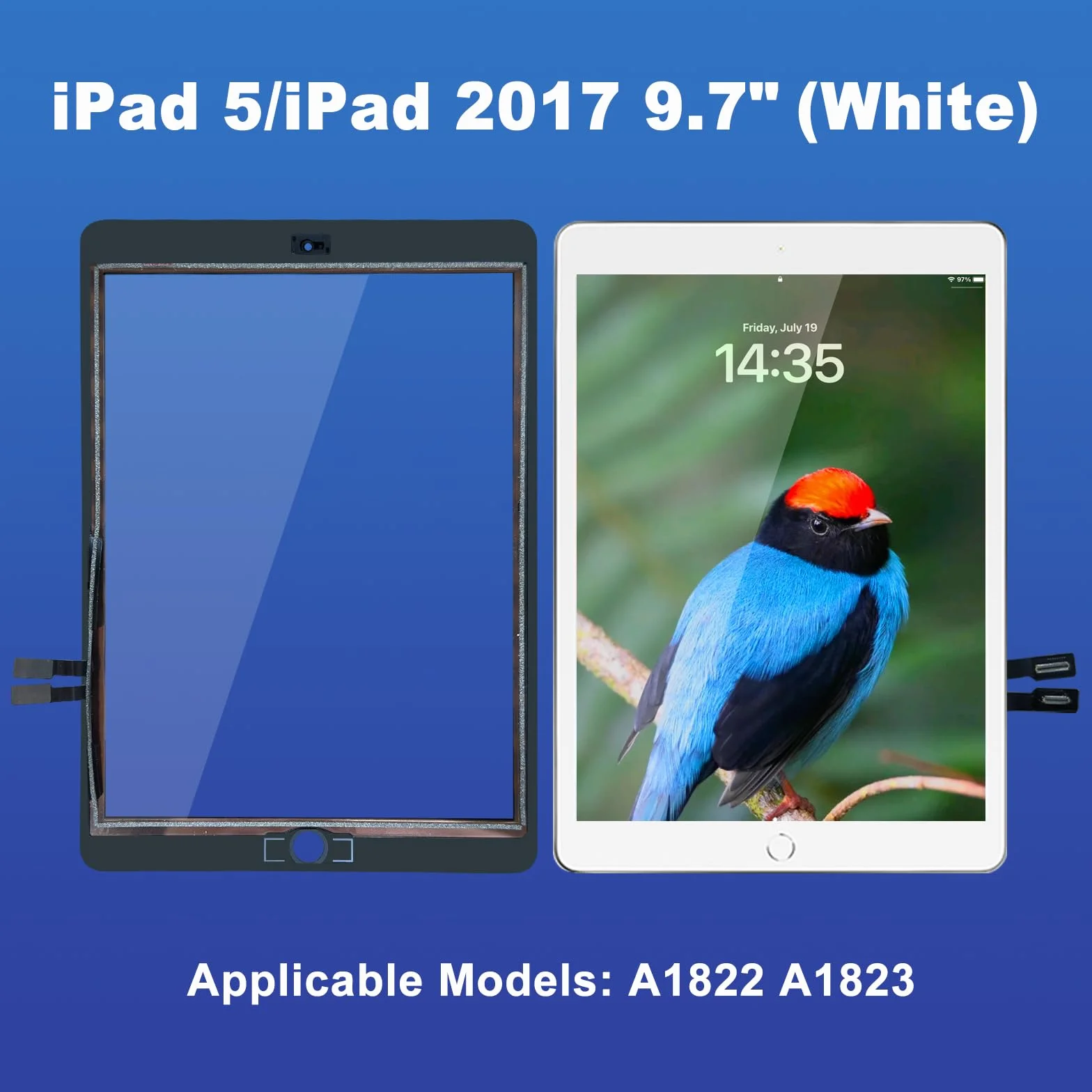 NB+ Zamiennik ekranu do iPada 5. generacji 9,7" ekran dotykowy Digitizer 2017 wstępnie zainstalowany klej (model: A1822 A1823) biały