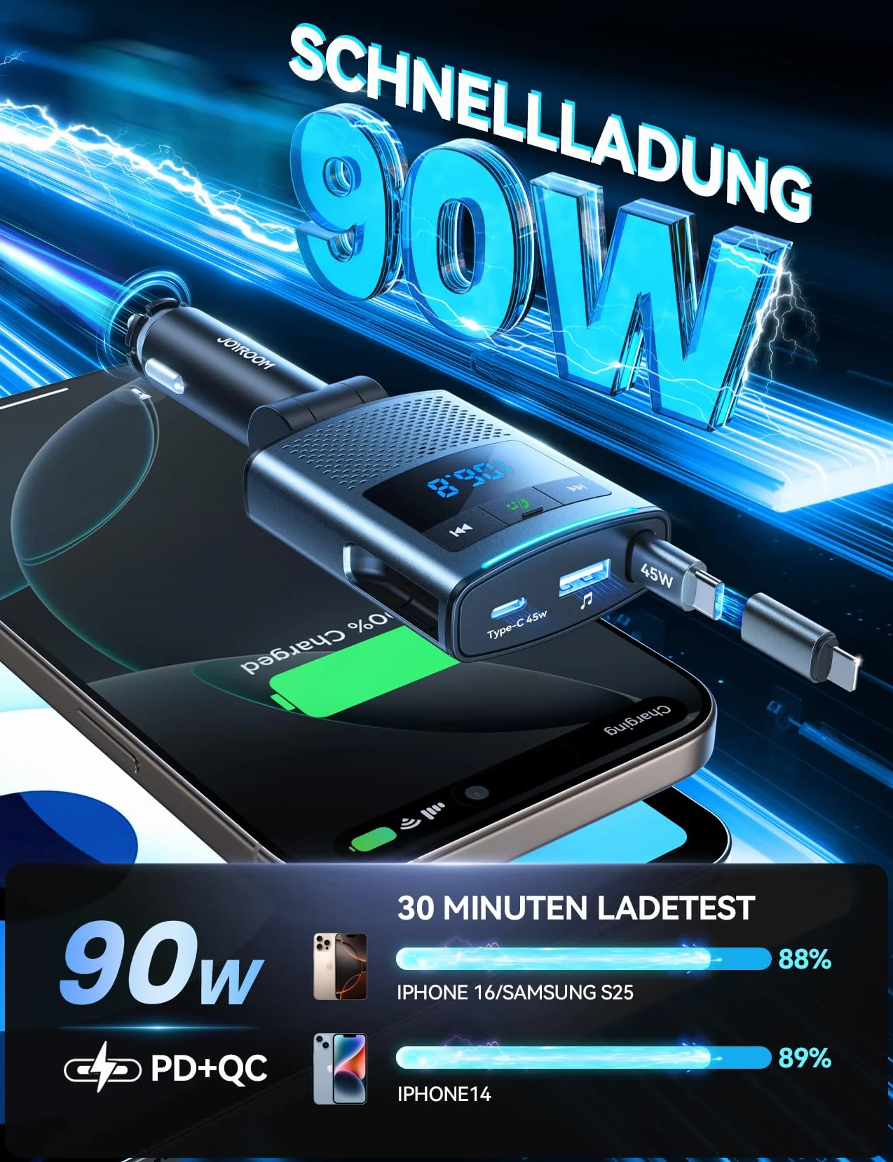 JOYROOM 90W Bluetooth 5.4 Adapter do samochodu,【100 cm wciągany kabel】 24V/12V USB C & nadajnik FM, 24V/12V adapter USB do samochodu z zestawem głośnomówiącym, akcesoria samochodowe dla iPhone 17