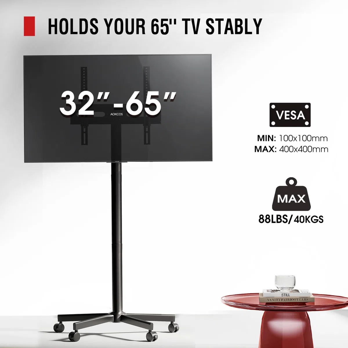 AOKCOS Stojak na telewizor z rolkami do 32-65-calowych telewizorów, wózek TV z tacą, stojak na telewizor z regulacją wysokości, mobilny stojak na telewizor na rolkach, wózek TV do 40 kg, maks. VESA