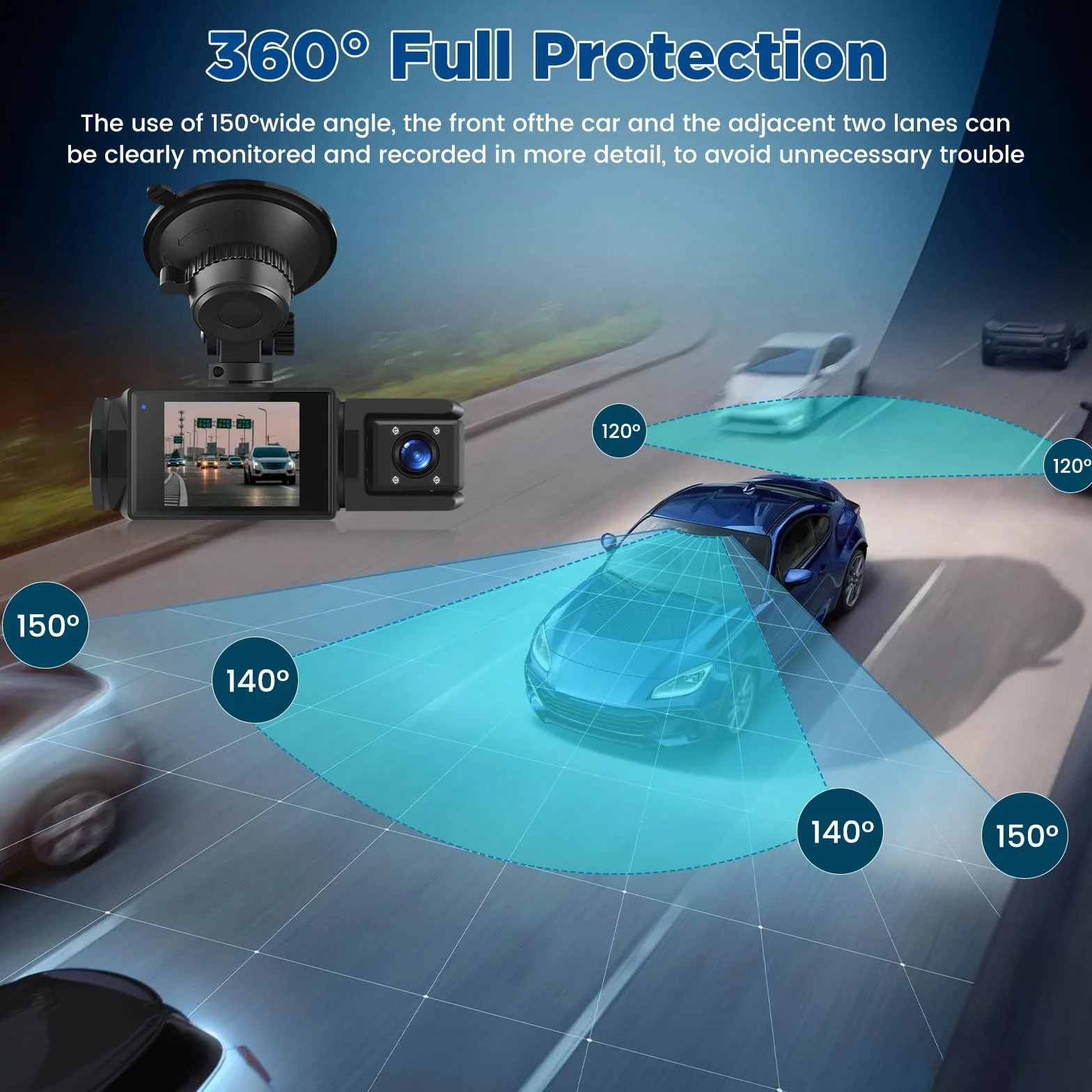 Bezprzewodowa kamera samochodowa Dash Cam WiFi – 3 kanały wewnętrzne z tyłu, Full HD 1080P, 2" IPS, noktowizor, wykrywanie ruchu, pętla, karta 64 GB w zestawie, obiektyw obrotowy