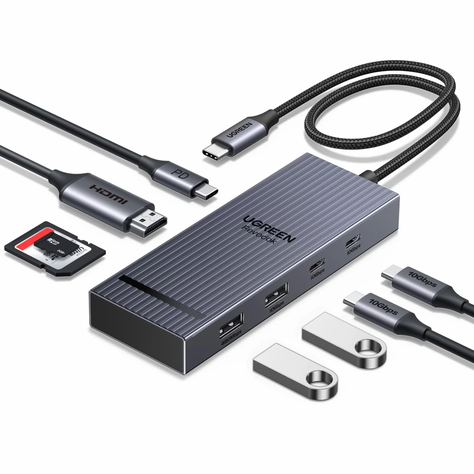 UGREEN Revodok Pro 10Gbps USB C Hub, adapter USB C HDMI 4K@60Hz, stacja dokująca USB-A 3.2, 2xUSB-C 3.2, czytnik kart SD/TF, PD 100W