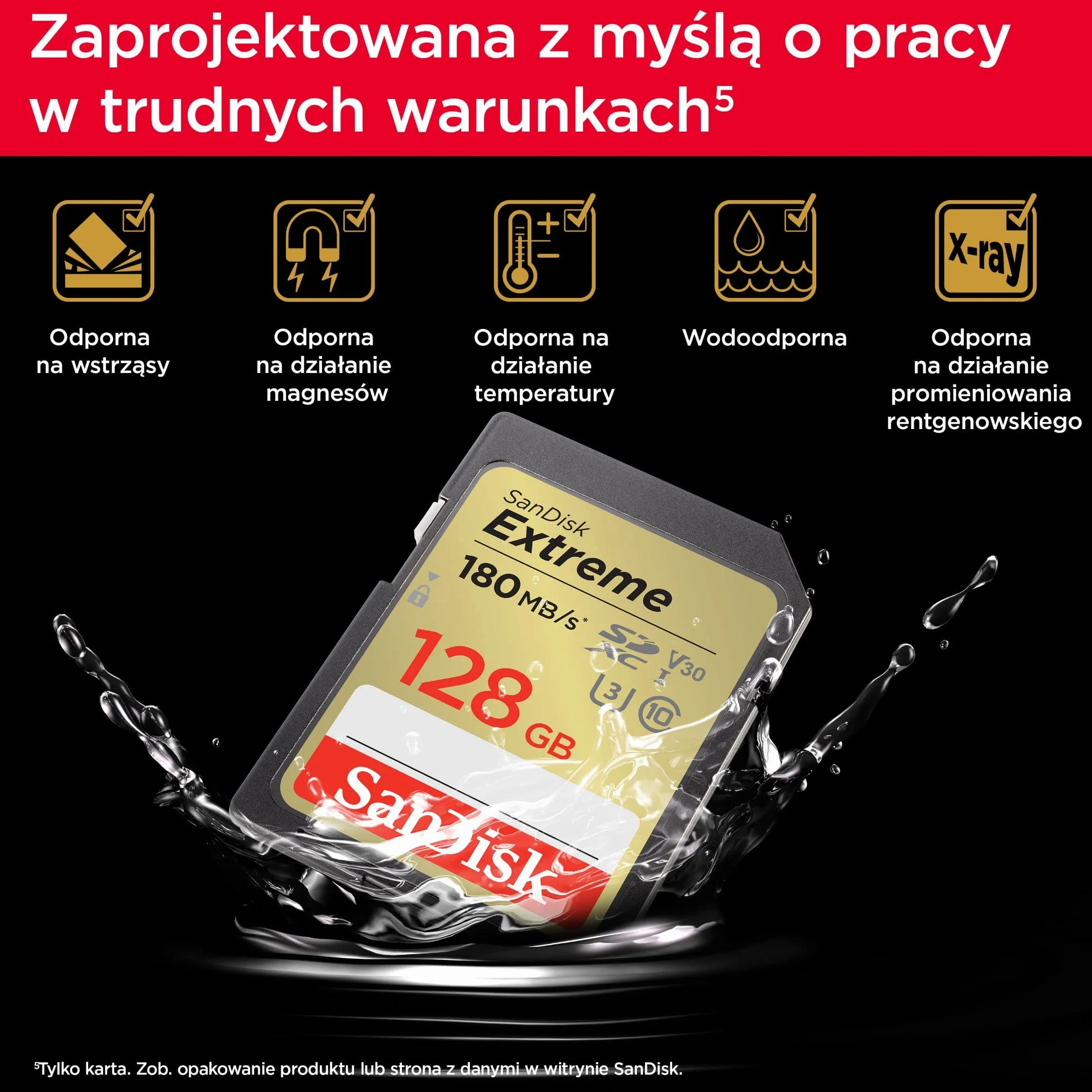 SanDisk 128GB Extreme SDXC Karta, UHS-I, 4K UHD, do 180 MB/s, RescuePro Deluxe, Odporna na wstrząsy, temperaturę, wodę i promieniowanie rentgenowskie, SanDisk QuickFlow-Technology) Class 10, U3, V30