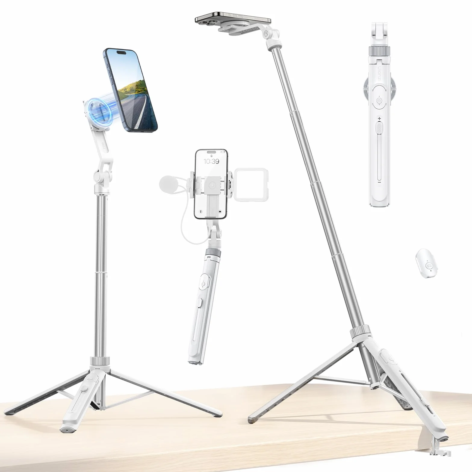 ULANZI Statyw telefonu komórkowego 145 cm, magnetyczny kij do selfie, statyw do smartfona z 2 w 1 klipsem do telefonu, 2 uchwyty na zimną stopkę do telefonu komórkowego, kompatybilny z iPhone/Samsung