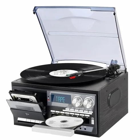 Odtwarzacz płyt Bluetooth w stylu retro z wbudowanymi głośnikami – 3-biegowy gramofon vintage, odtwarzacz CD i kasetowy, konstrukcja o niskim poziomie hałasu, matowa osłona przeciwpyłowa, idealna do