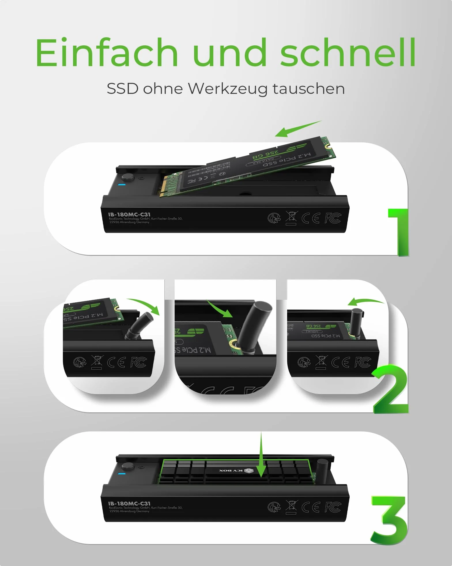 ICY BOX IB-180MC-C31 NVMe SATA Dock USB 3.2 Gen 2 Type-C werkzeuglos Aluminium schwarz