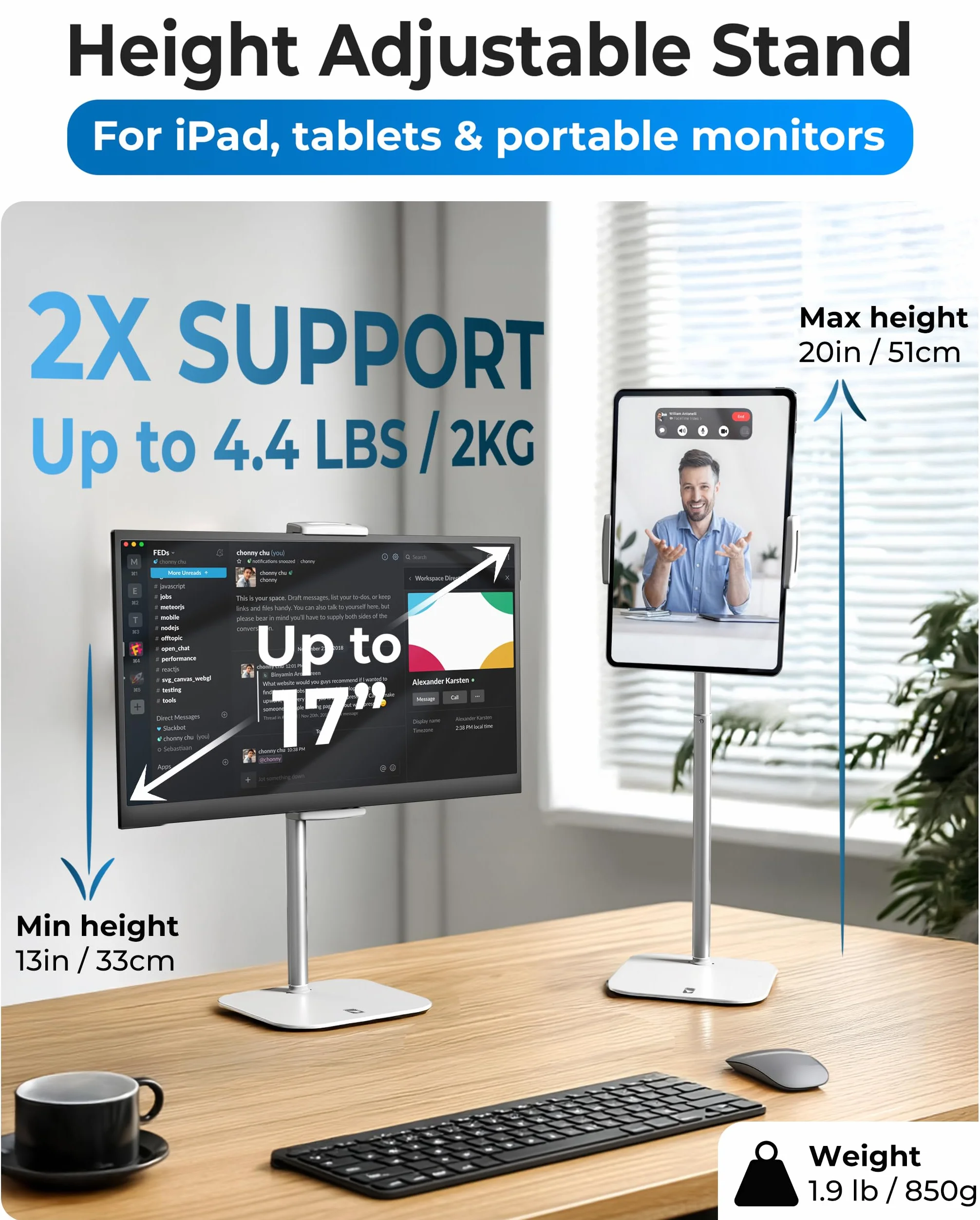 COOPER TabStand Stojak na biurko o wysokości 20", uchwyt na monitory do laptopów do 17" (2 kg), uchwyt na tablet biurkowy, mocowanie tabletu, kompatybilny z iPadem Samsung Kindle Fire Android (biały)