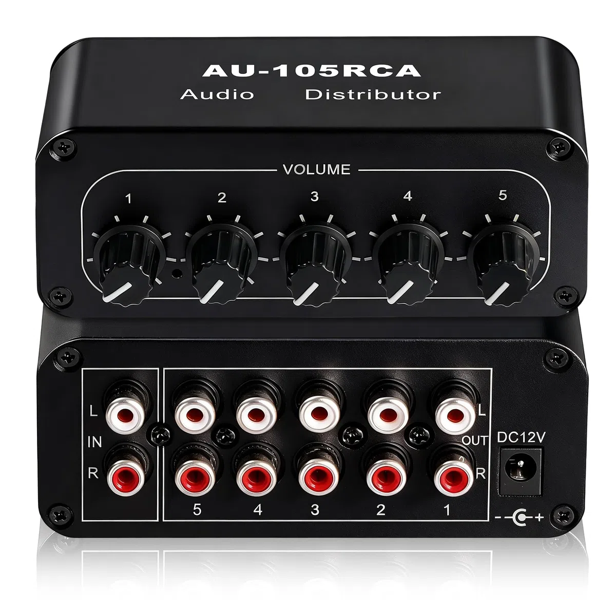 5-drożny rozdzielacz audio stereo RCA, 1 w 5 wyjściach, wzmacniacz dystrybucji audio, rozdzielacz sygnału RCA, do głośników, słuchawek, wzmacniaczy, z regulacją głośności, wzmocnienie 6dB