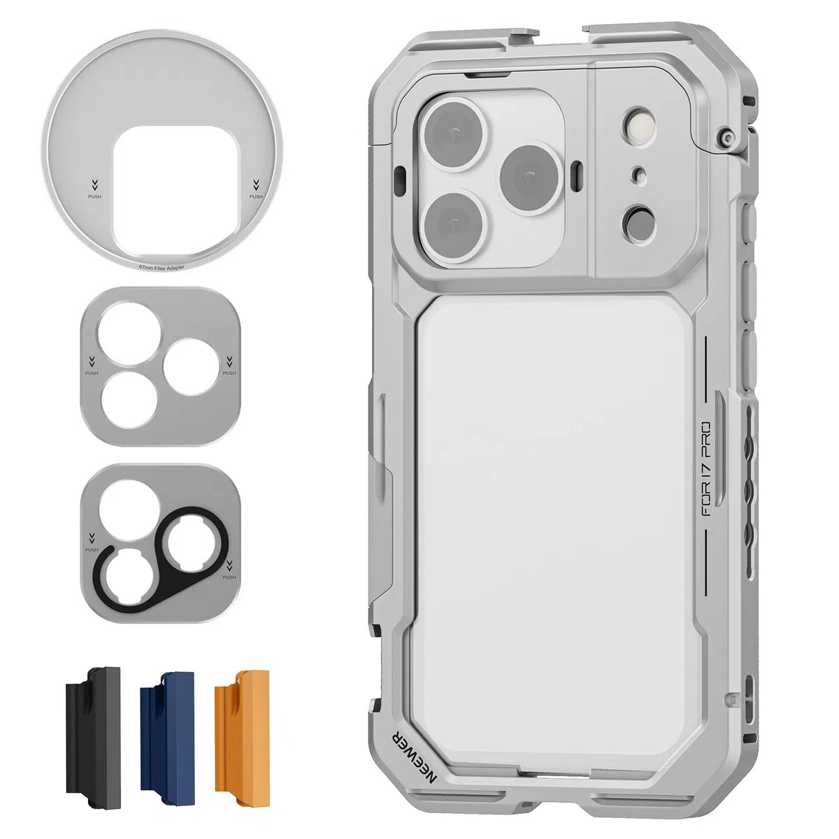 NEEWER PA143 Klatka na telefon kompatybilna z iPhone 17 Pro, akcesoria do stabilizatora wideo z pierścieniem filtrującym 67 mm, tylna płyta obiektywu 17 mm, adapter do montażu T, 4 x nakładka