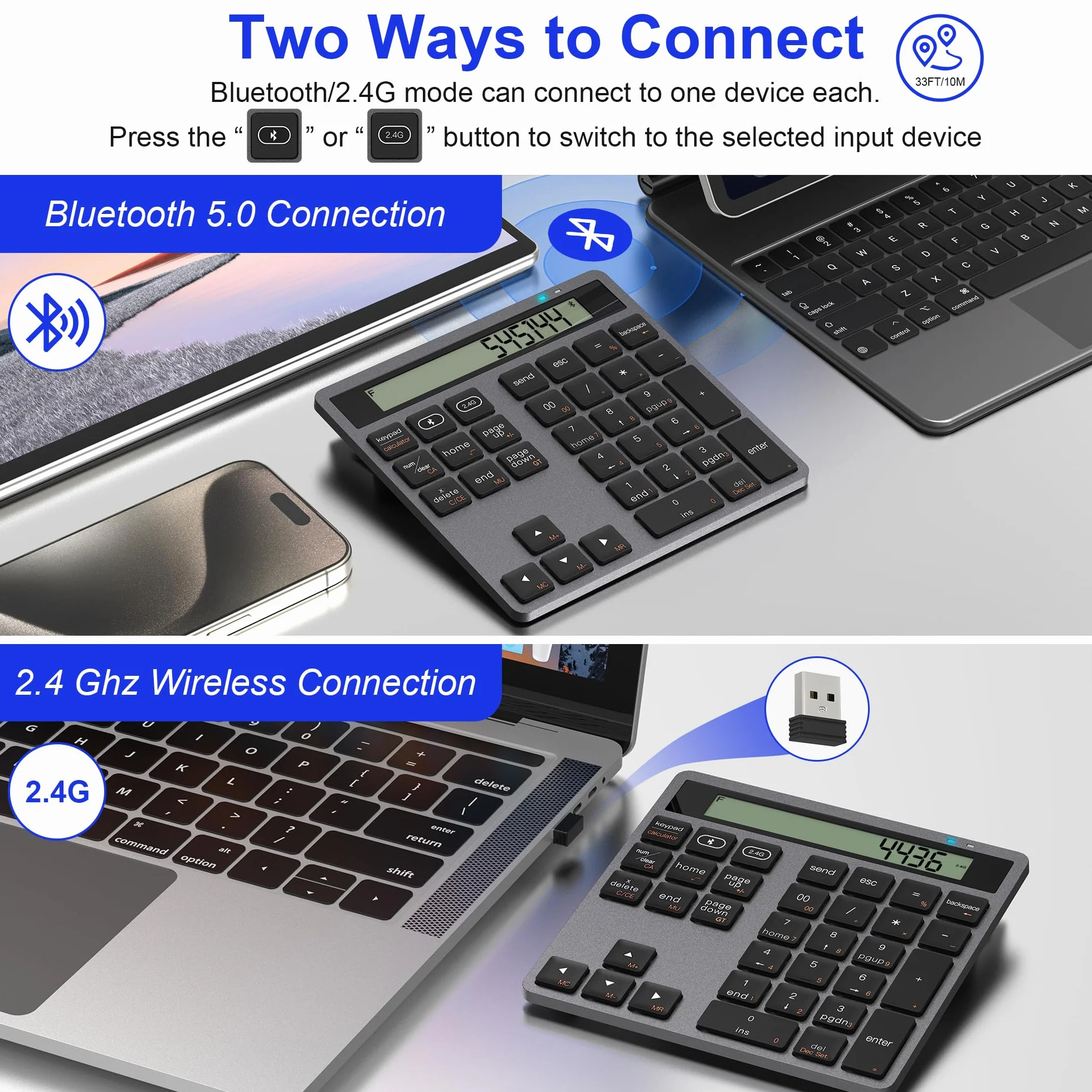 Blok numeryczny Bluetooth i 2,4 G – 34 przyciski Numpad z kalkulatorem – smukłe bloki numeryczne, bezprzewodowa, przenośna podkładka numeryczna Bluetooth do MacBook, iMac, Windows, laptopa, komputera