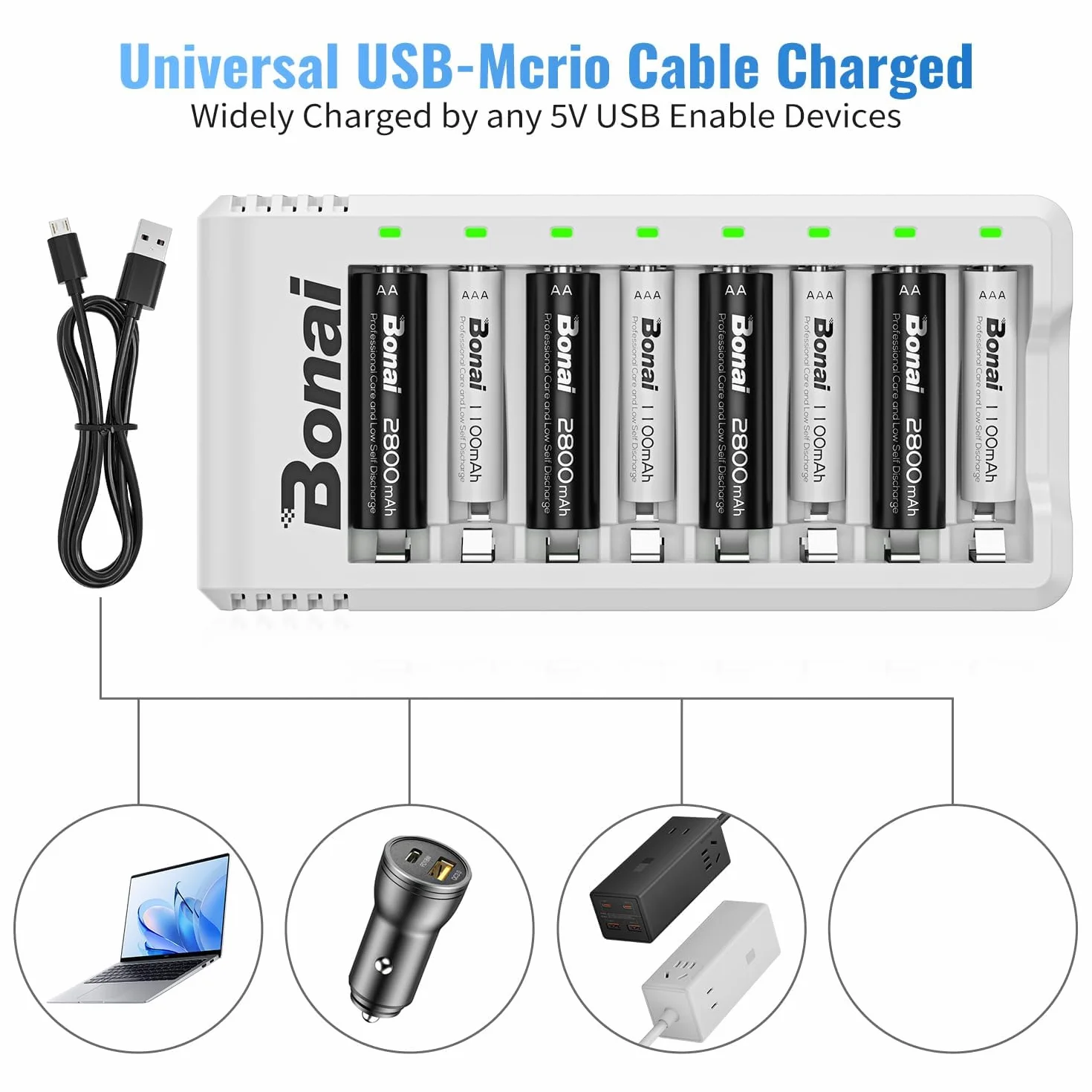 BONAI Akumulatory AA z zestawem ładowarek, 8 szt., niezależne gniazdo, szybkie ładowanie USB, wejście DC 5 V 2 A, wyjście 1,4 V 250 mA - 1000 mA