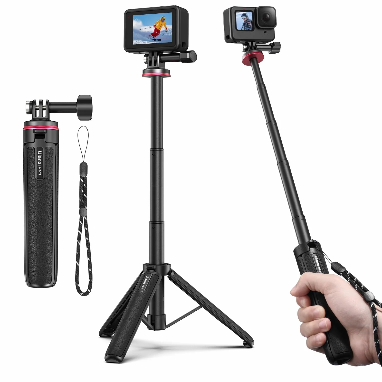Mini statyw 51 cm do kamery sportowej, ULANZI MT-72 przenośny podróżny statyw Vlog statyw z 4-częściowym drążkiem przedłużającym, mini statyw do selfie do kamery Max/DJI Osmo Action Camera