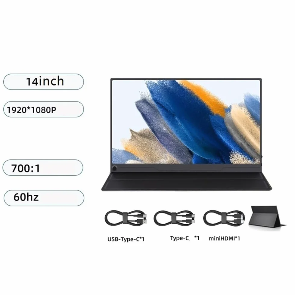 Ekran mobilny 14-calowy przenośny monitor HD1080P odpowiedni do laptopów, konsol gier, ekran zewnętrzny, 60 Hz