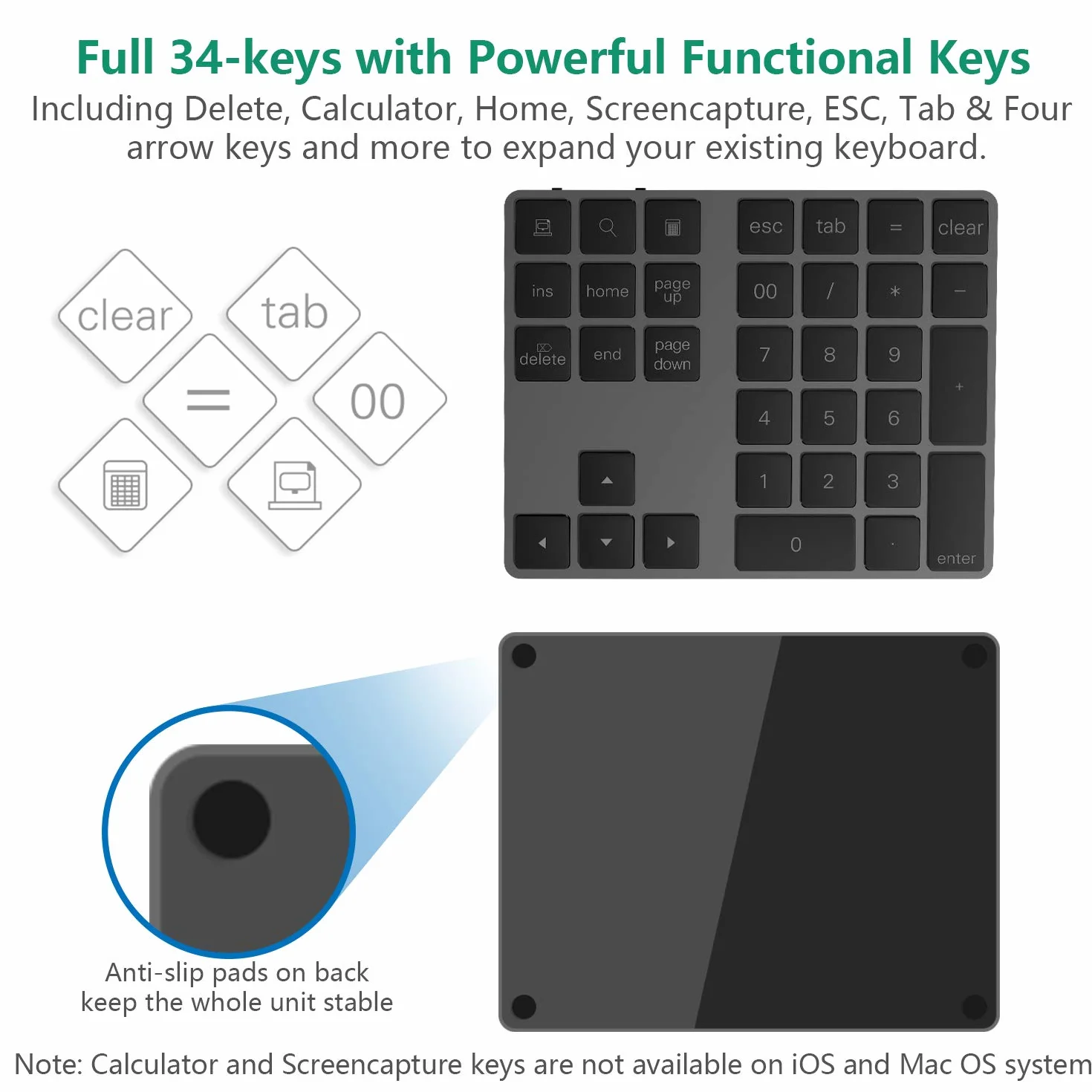 Klawiatura numeryczna Bluetooth, bezprzewodowa klawiatura z wieloma skrótami, 34-klawiszowa klawiatura numeryczna do M acbook/iP ad/laptopa/PC/telefonu, kompatybilna z Surface Pro, Windows,