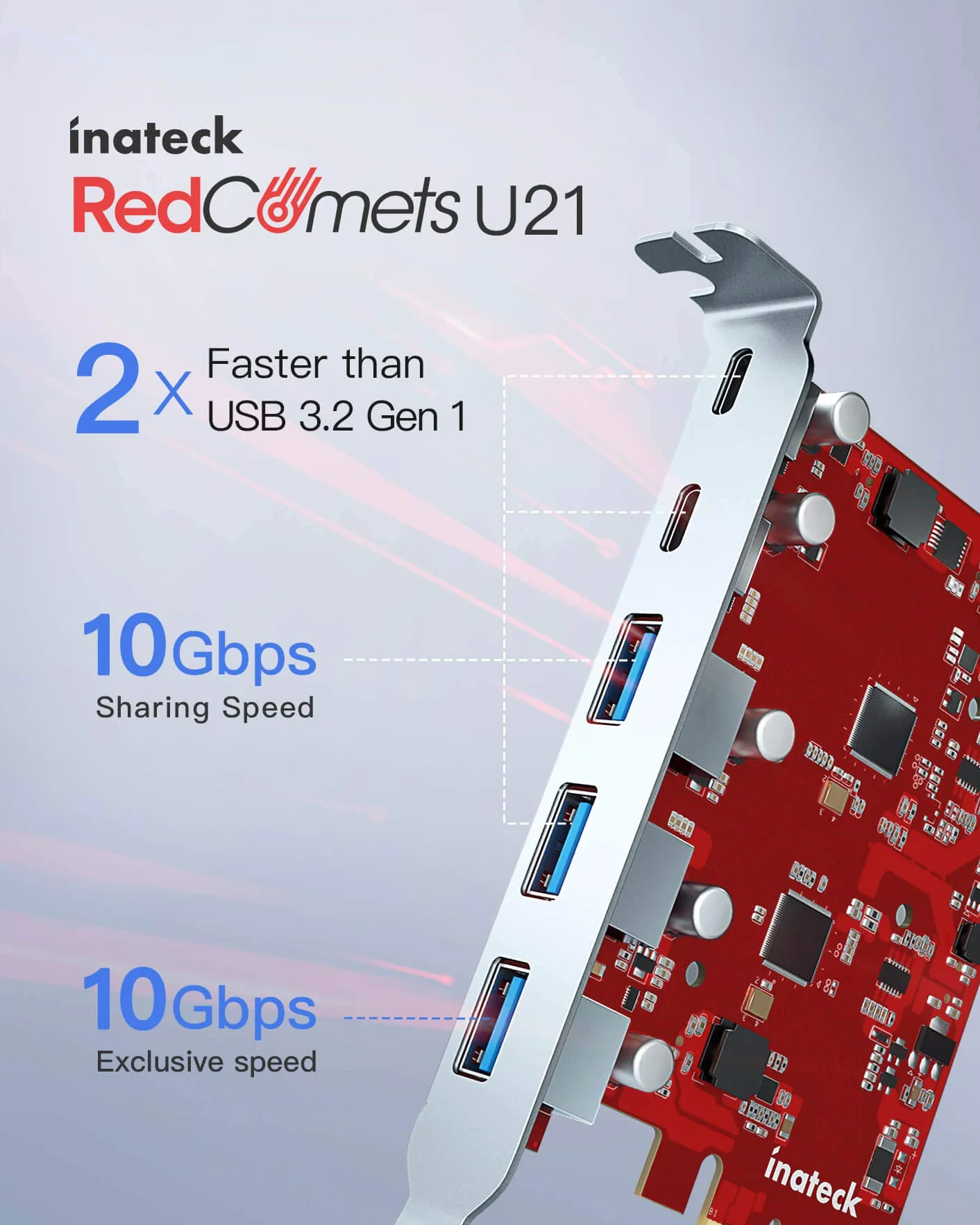 Inateck RedComets U21 Karta PCIe USB 3.2 Gen 2 16 Gb/s 3 Porty Typu A 2 Porty Typu C Czerwona