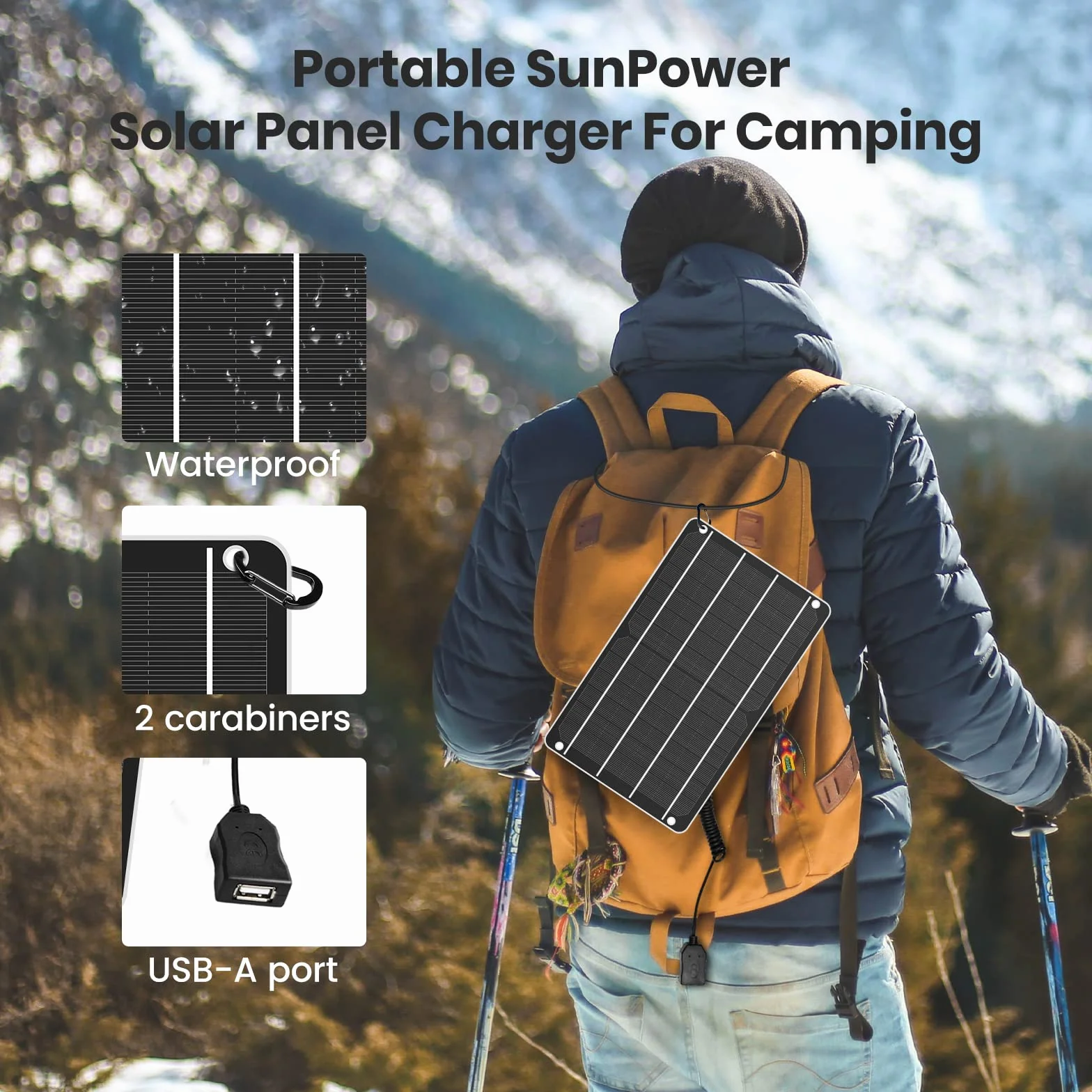 FlexSolar Panel słoneczny USB, przenośna ładowarka solarna 6 W, 5 V, monokrystaliczna wodoodporna, do telefonu komórkowego, powerbanku, wentylatorów, kamer bezpieczeństwa, wędkowania, biwakowania