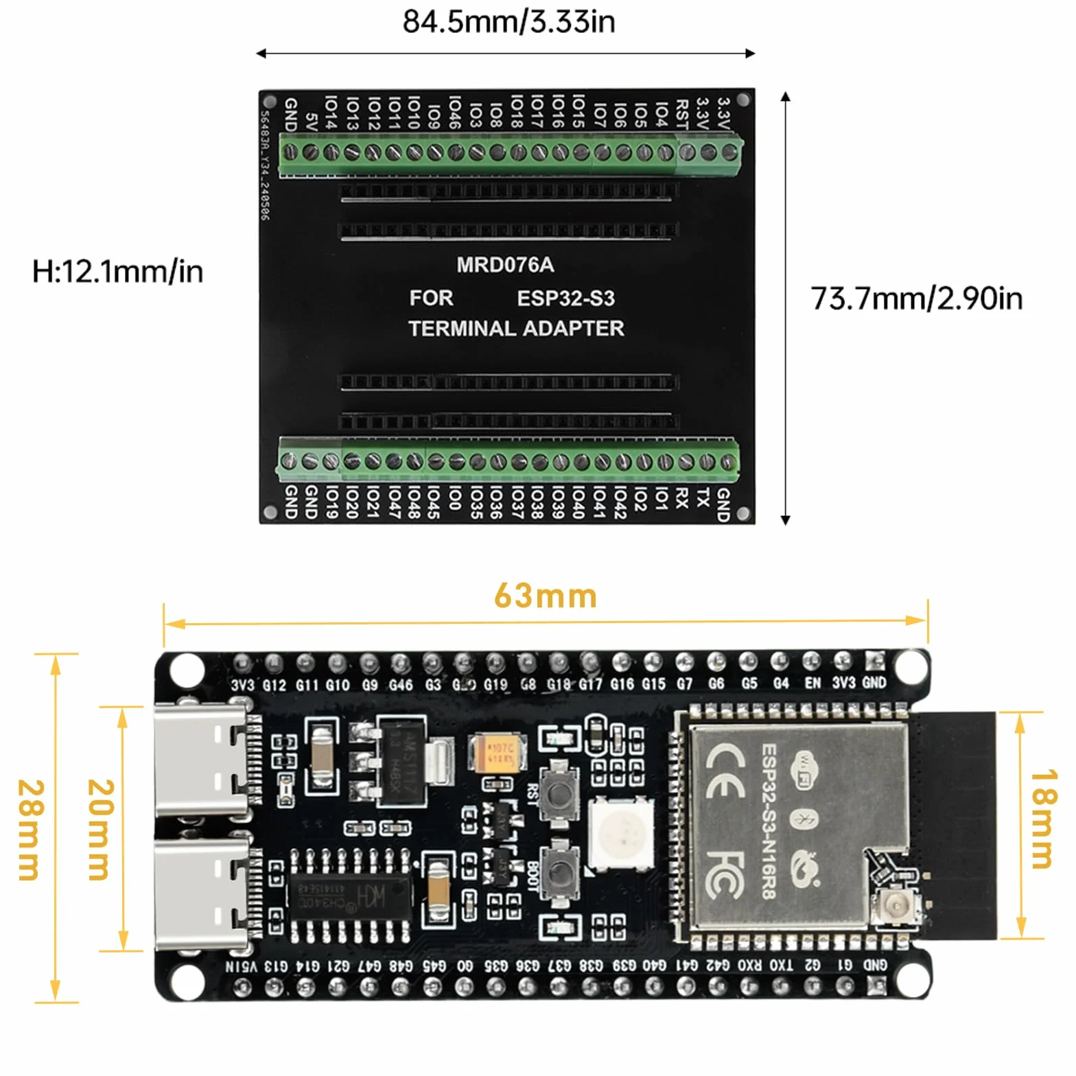 diymore 2 szt. do ESP32-S3 DevKitC-1 N16R8 moduł, organ ekspansji dla agencji rozwoju, do ESP32 S3 1-N16R8 deska rozwojowa z WiFi, Bluetooth 5.0, antena USB C